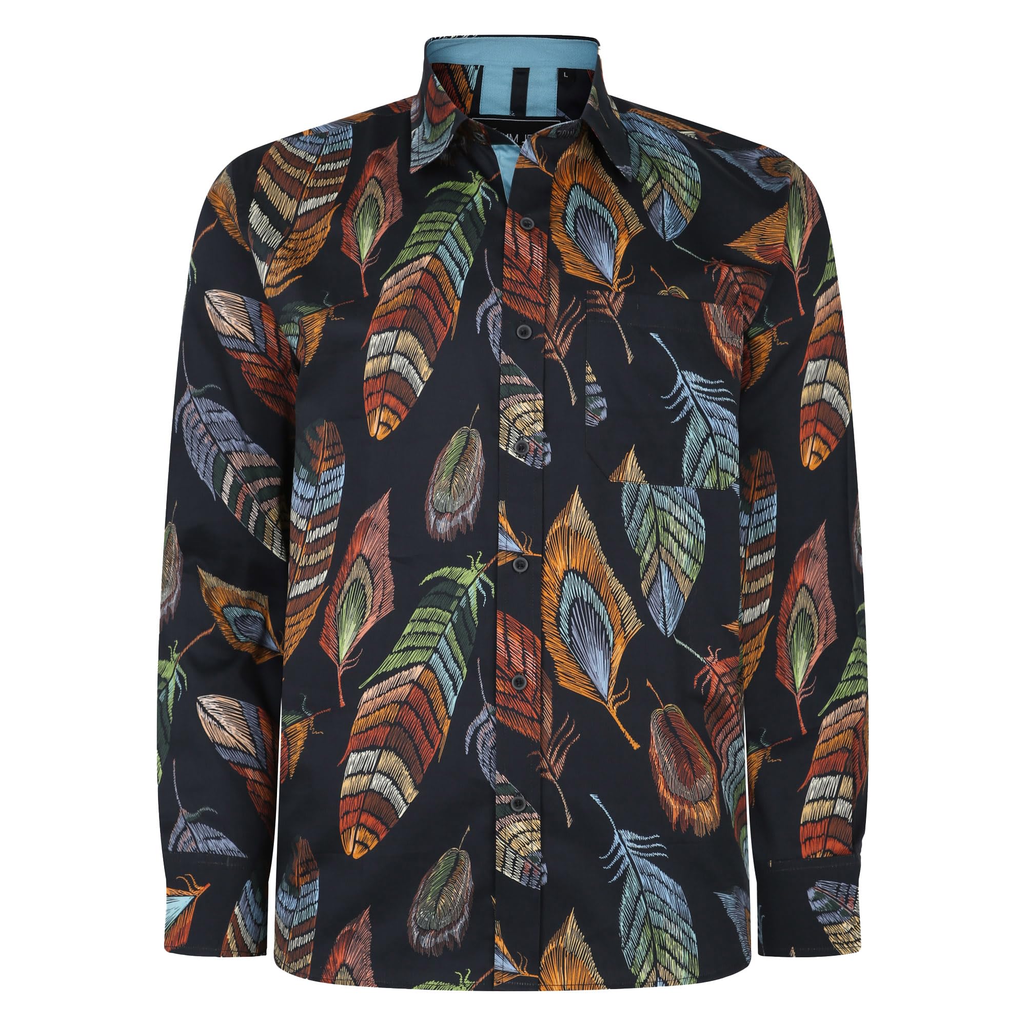 KAM Feather Print Shirt Long Sleeve Button Up Collared Cotton Black Plus Size Mens 2XL-8XL 6048LS (UK, Alpha, 6XL, Plus, Regular)