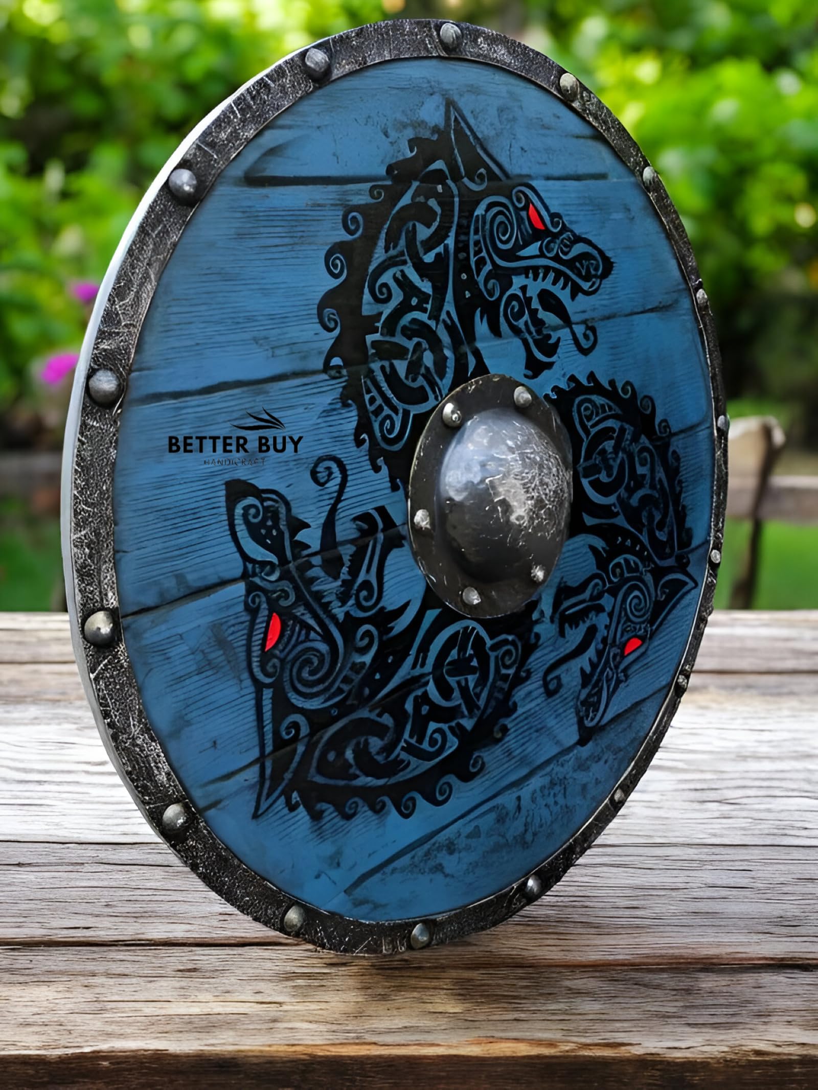 Ouroboros Battleworn drewniana żelazna tarcza wikingów z motywem smoka – idealna do odgrywania ról, cosplay, Halloween i dekoracji domu. 61 cm dla męża, taty lub chłopaka