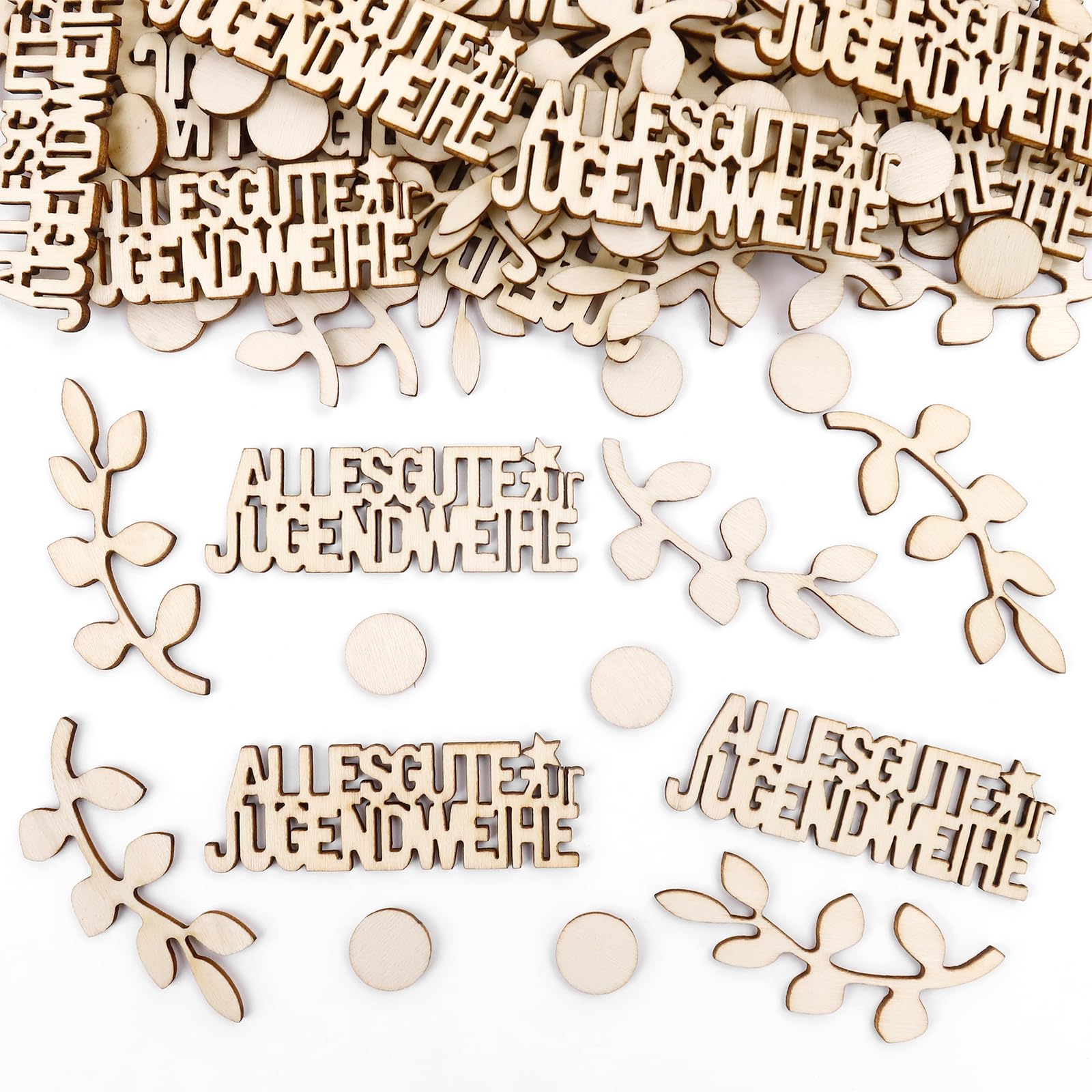 GoldRock Holz Alles Gute zur Jugendweihe Deko Konfetti Groß 1,5-6,9 cm,100 Stück Deko Jugendweihe Junge Mädchen,Eukalyptus Streudeko Tischdeko Jugendweihe Geschenke,Konfirmation Jugendfeier Dekoration