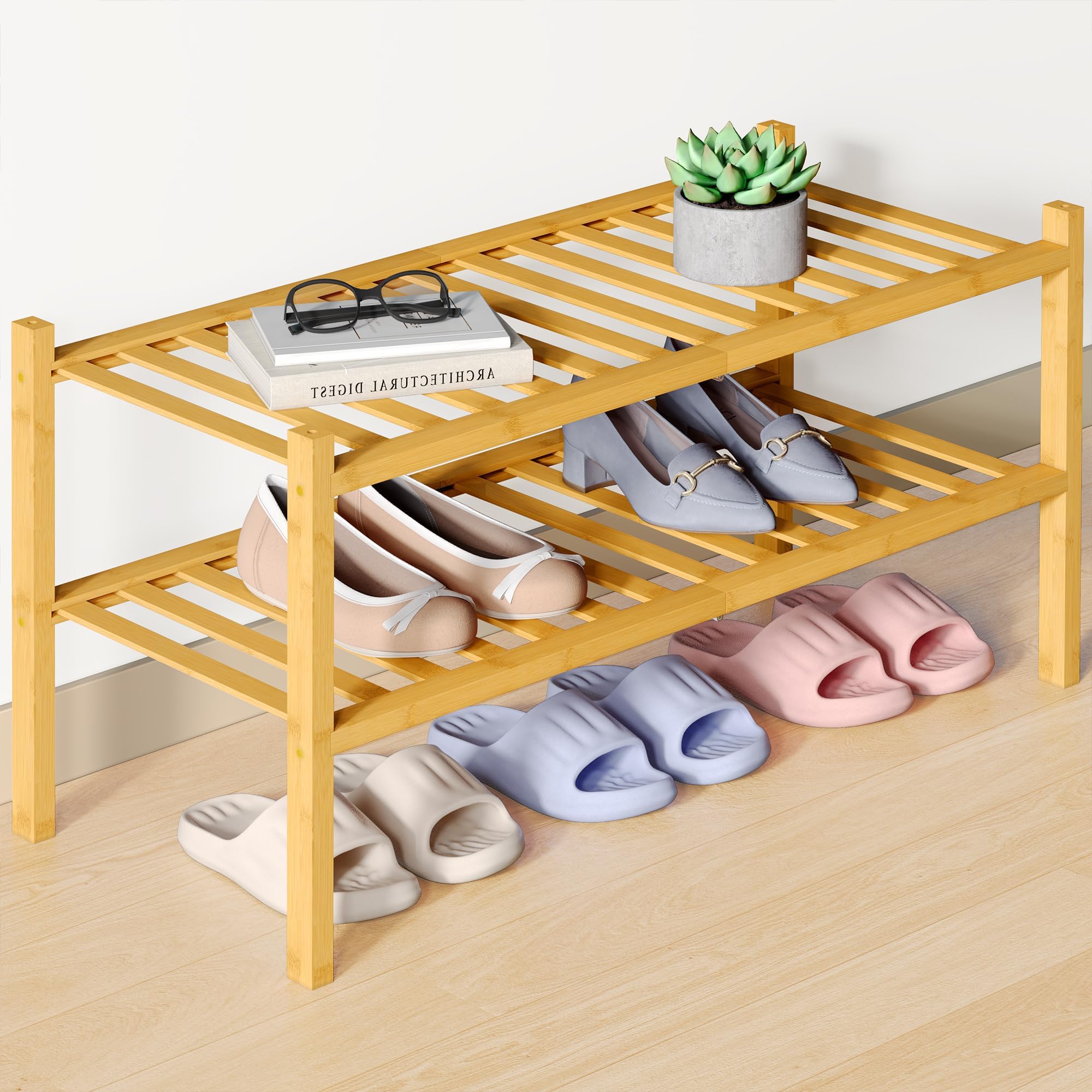 smiry Natural Bamboo Shoe Rack, 2 Tier Wooden Stackable Shoe Storage Organiser, Free Standing Shoes Storage Shelf for Entryway, Hallway, Small Spaces, Living Room, Natural
