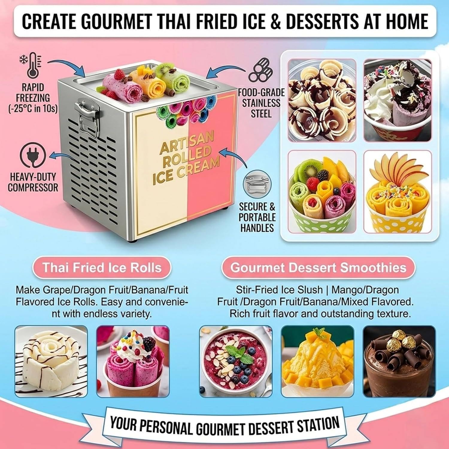 Máquina para Hacer Helado Enrollado de Acero Inoxidable de 330 W | Diseño de refrigeración con tubo de cobre en forma de anillo, base antideslizante, para el hogar, tienda, 34 × 28 × 30 cm