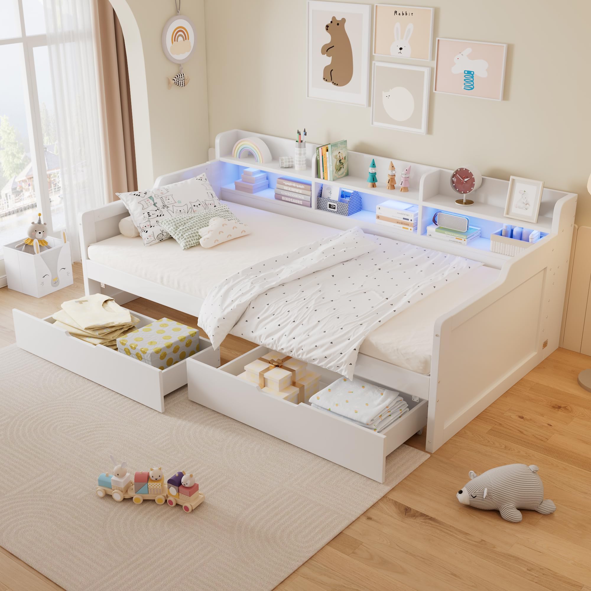 Merax Cabinet bed 3ft Single Daybed, with 2 Wheeled Drawers&bookcase&LED Strip Light&Safety Guardrails, Kids Wooden Storage Bed for Children Adults, 90X190cm, White