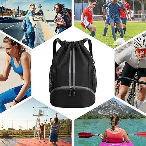 Miniatura 9 de Bolsa de fútbol deportiva con cordón, mochila de gimnasio para hombres y mujeres, con compartimento para pelotas y zapatos, mochila de fútbol,
