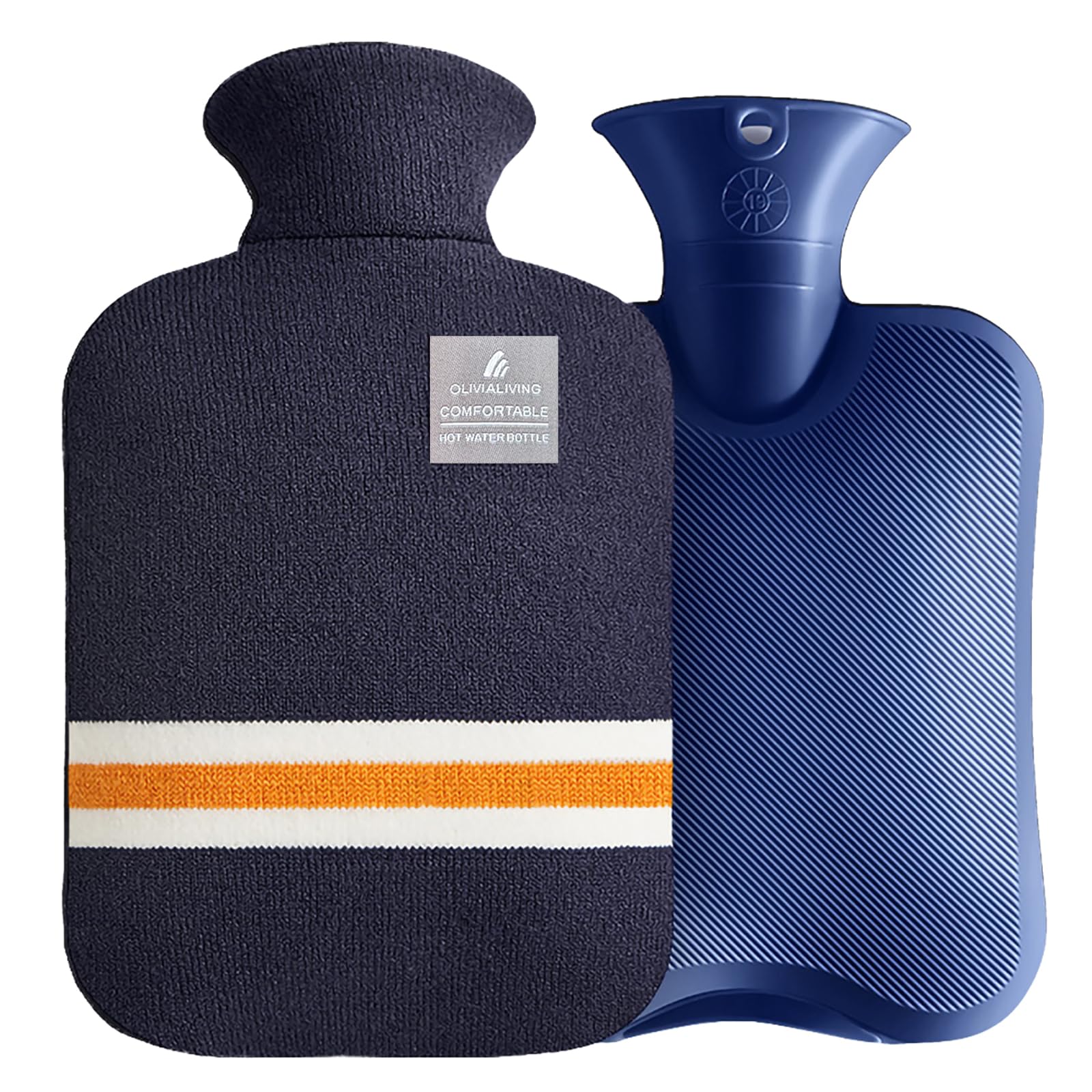 OliviaLiving Hot Water Bottle with Classic Striped Cover, 2L Hot Water Bag for Menstrual Cramps, Neck and Shoulder Pain Relief, Hot and Cold Therapies