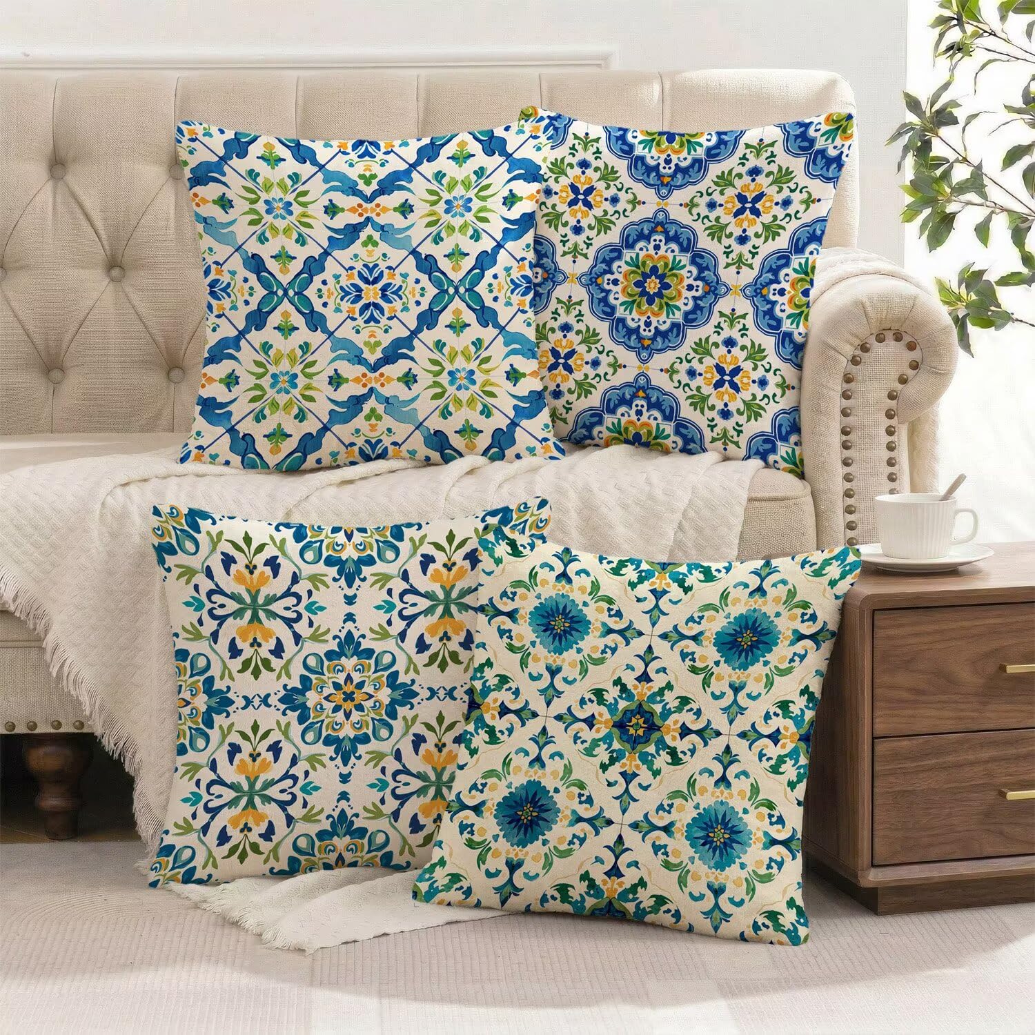 Federe Cuscini Divano 65x65 cm in Peluche Corto Boho, 4 Pezzi Copricuscino Divano con Cerniera Invisibile, Cuscini da Esterno Decorativi per Casa Giardino Soggiorno Camera da Letto Blu L-G670