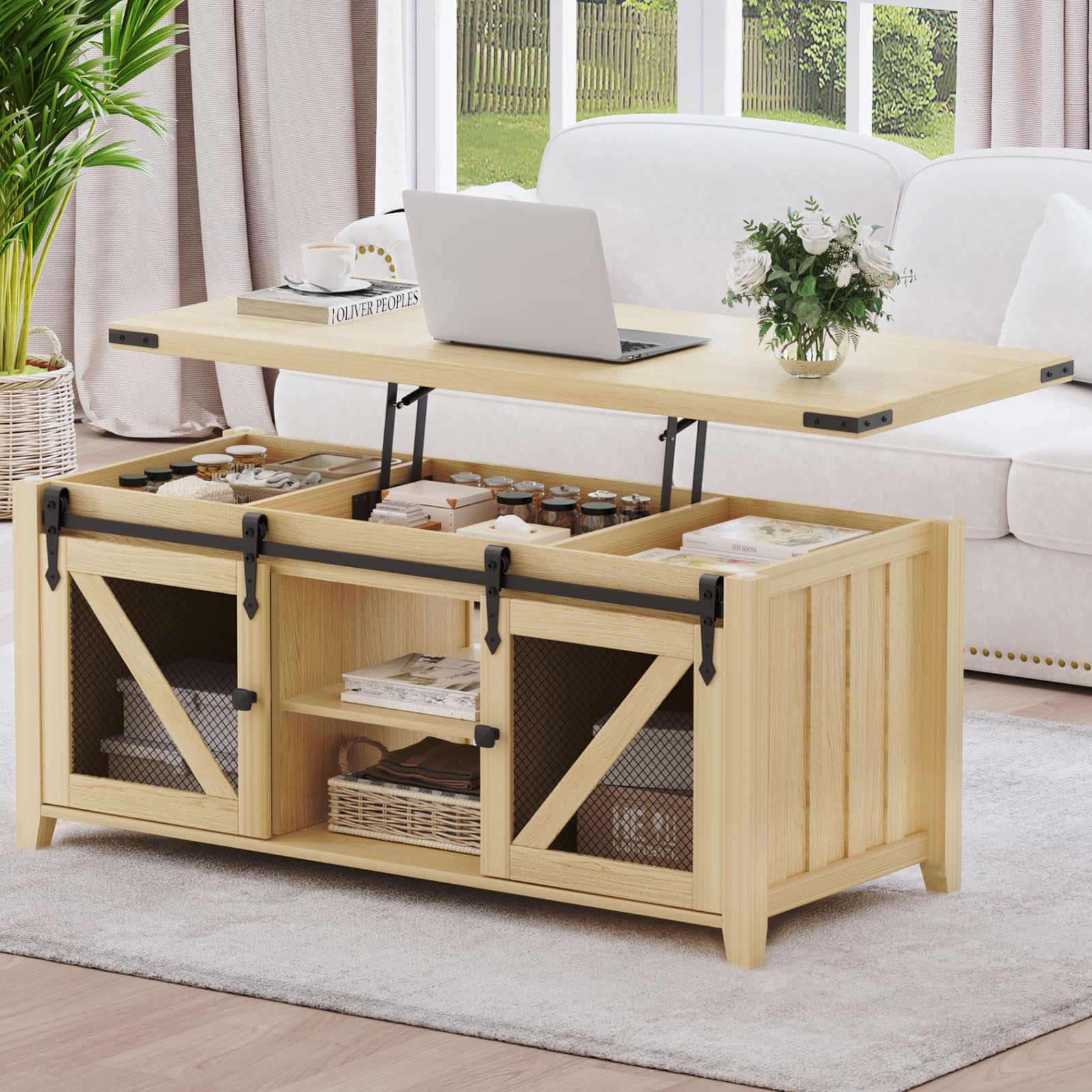 48" Farmhouse Lift Top Coffee Table with Storage, Large Hidden Compartment, Sliding Barn Door, Wooden Lifting Tabletop with Adjustable Shelf for Living Room, Office (Oak)