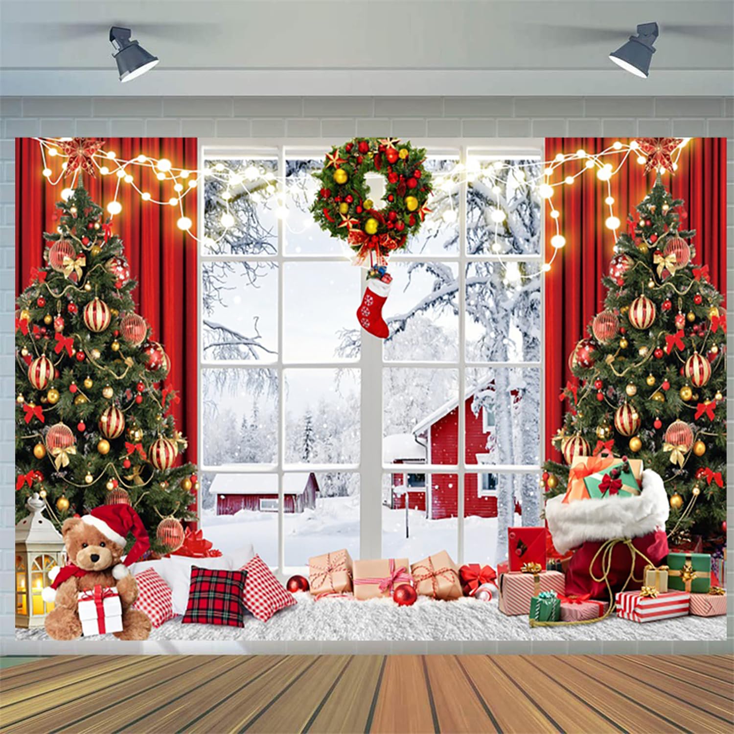 MEHOFOND Sfondo Fotografico Natalizio 2,4x1,8 M – Babbo Natale Con Finestra E Corona – Tessuto In Poliestere