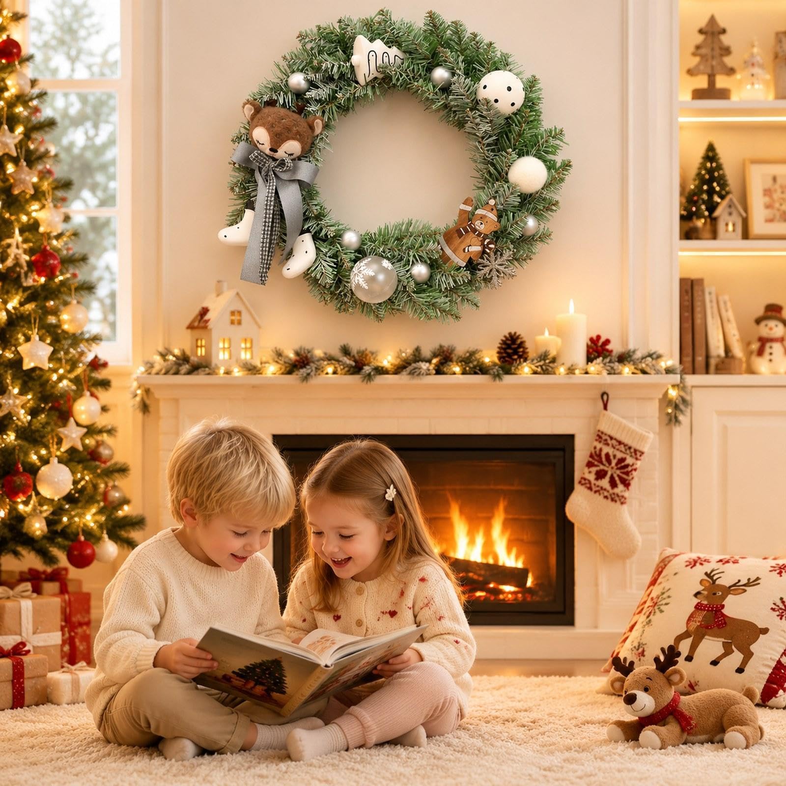 Qianly Corona de Navidad Artificial Guirnalda Adorno Y Decoración Colgante Estética Cálida de Invierno con Bayas Madera Y PP Adecuada para Puerta Recibidor S, Oso Ciervo, Individual