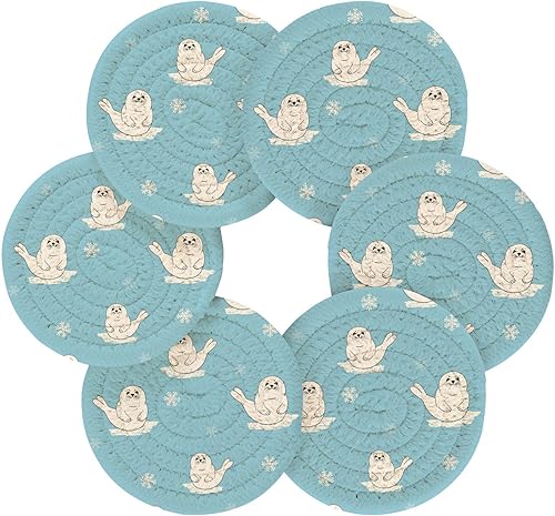 Miniatura 2 de Cute Cartoon Seal Pup Coasters Absorbent with Holder Set of 6 Coasters for Drinks Coffee Table Coasters Porta Vasos para Mesas