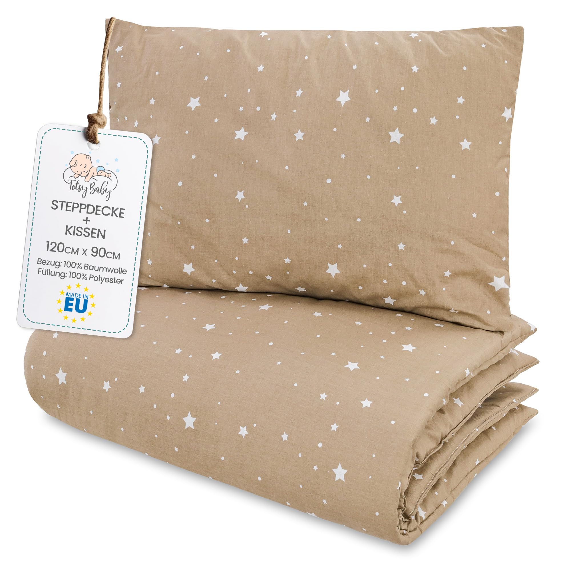 Totsy Baby Trapunta per bambino cotone 90x120 - piumono culla neonato set Imbottitura per piumone 90 x 120 cm con cuscino 40 x 60 cm per ragazzi e ragazze Oeko-Tex Beige con stelle bianche