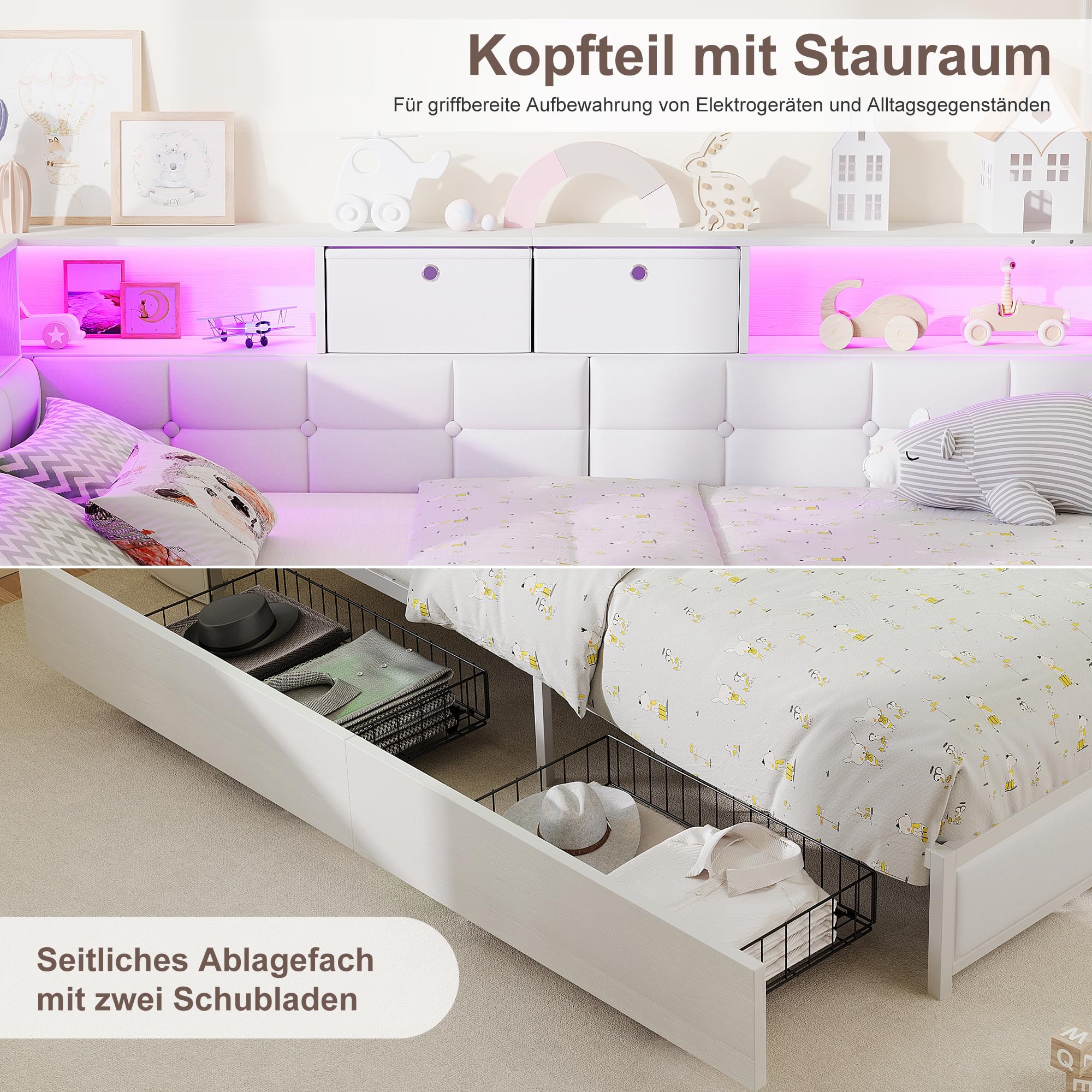 Divano letto imbottito, 140 x 200 cm, con vano portaoggetti, LED e