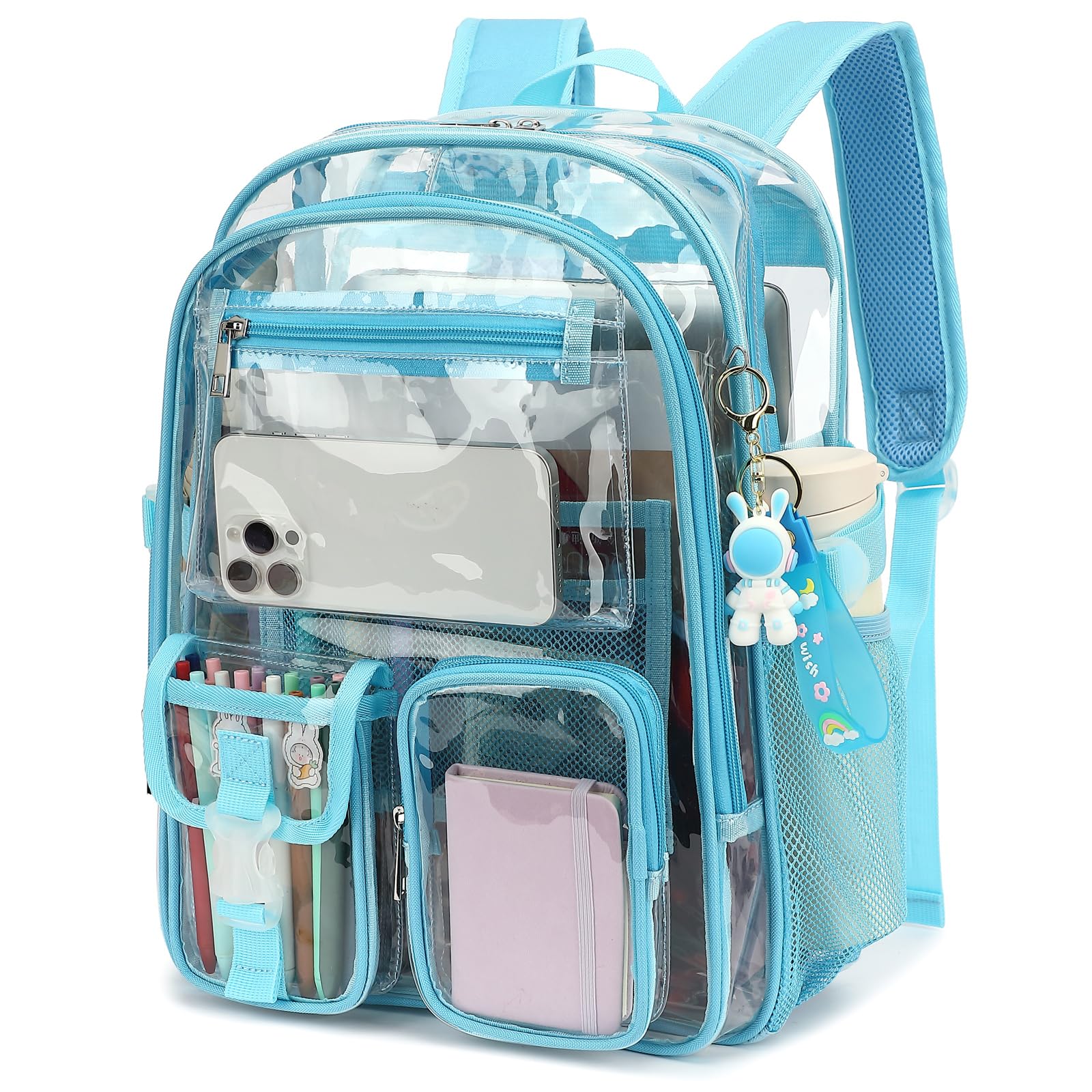 Kouxunt Clear Backpack Heavy Duty Transparent Backpacks Stadium Approved for School Work Sport Travel (Sky Blue)