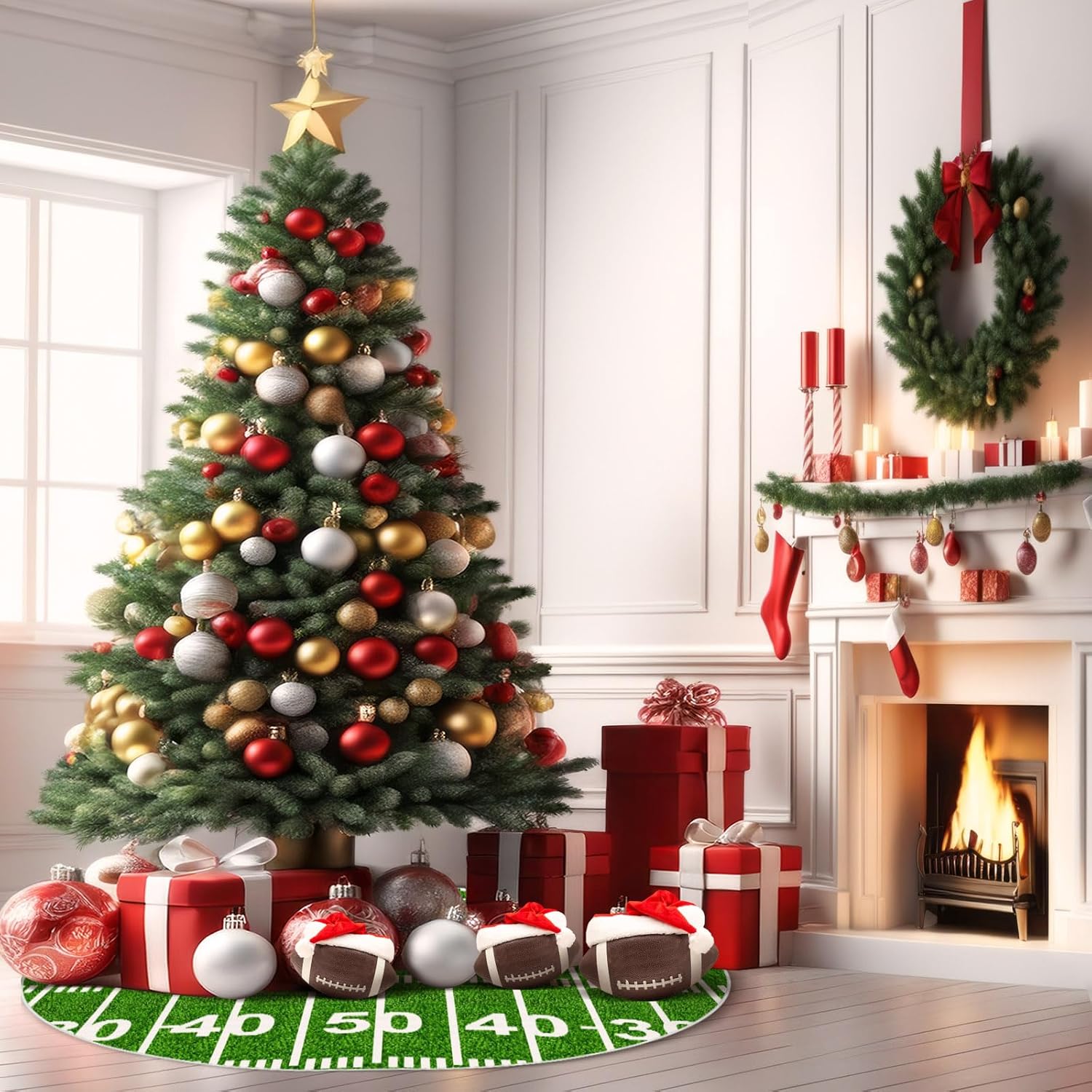 Realspring Large Football Christmas Tree Skirt 36 Inch Sport Funny Retro Field Grass Xmas Tree Carpet for Xmas Halloween Party Decorations Occasion Ornament