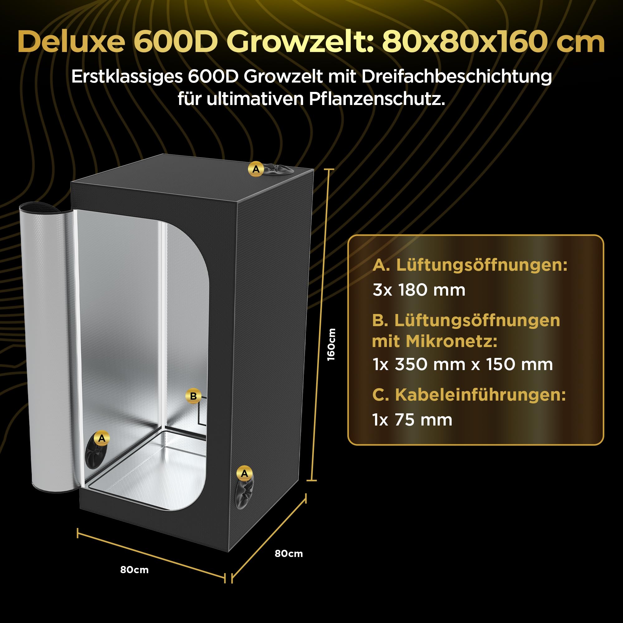 The Grow Deluxe D600 Growzelt 80x80x160 cm - Indoor Anbauzelt mit herausnehmbarer Wanne, hochreflektierendes Mylar licht- und wasserdicht