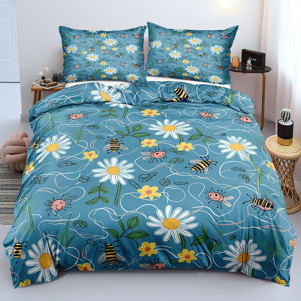 Housse de couette 140x200 microfibre anti-plis parure de lit fille bleue