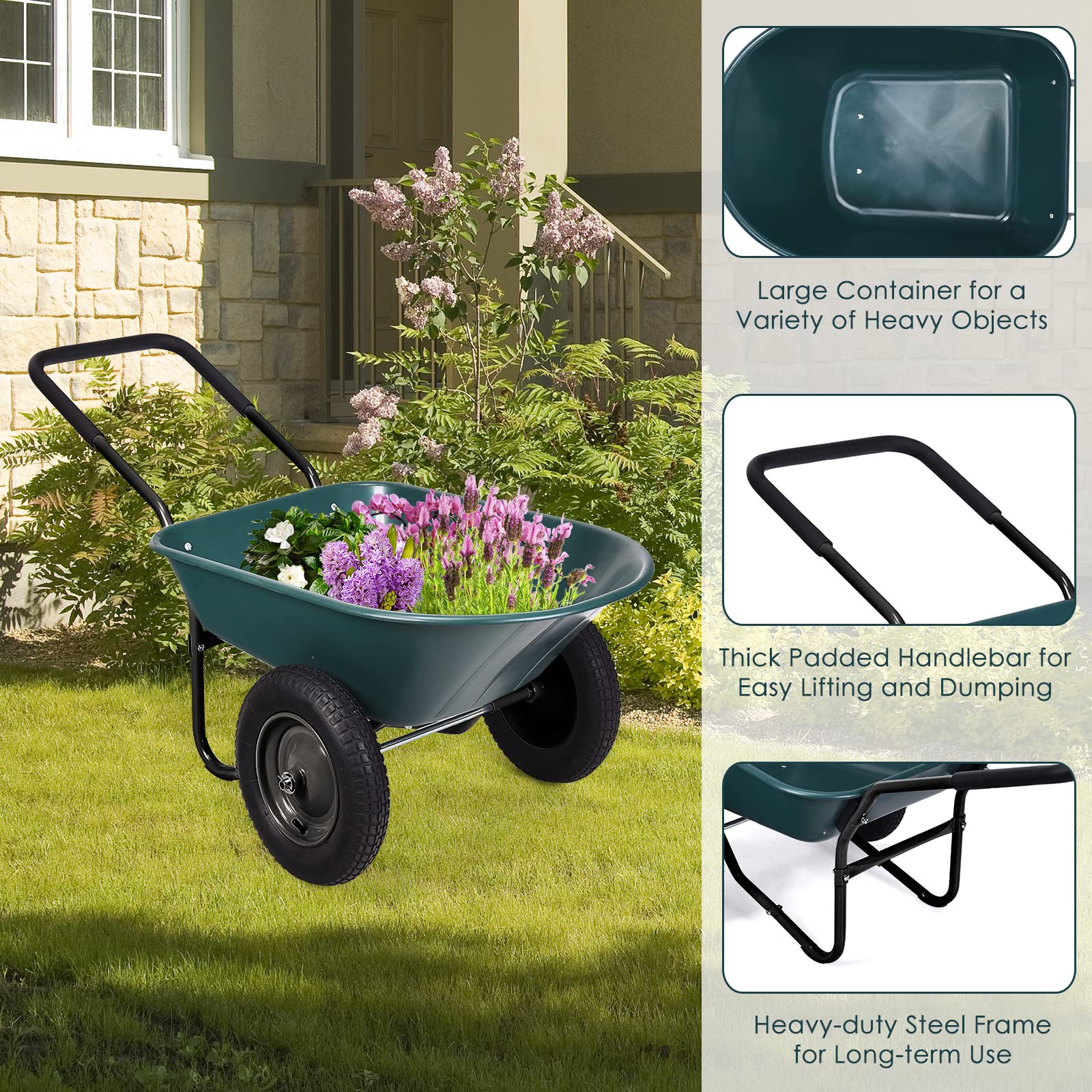 RELAX4LIFE Carrello da Giardino 75L, Carrello a Mano con Vasca in Plastica, Ruota in Gomma, Capacità di Carico 100 kg, Carriola (Verde, 1)