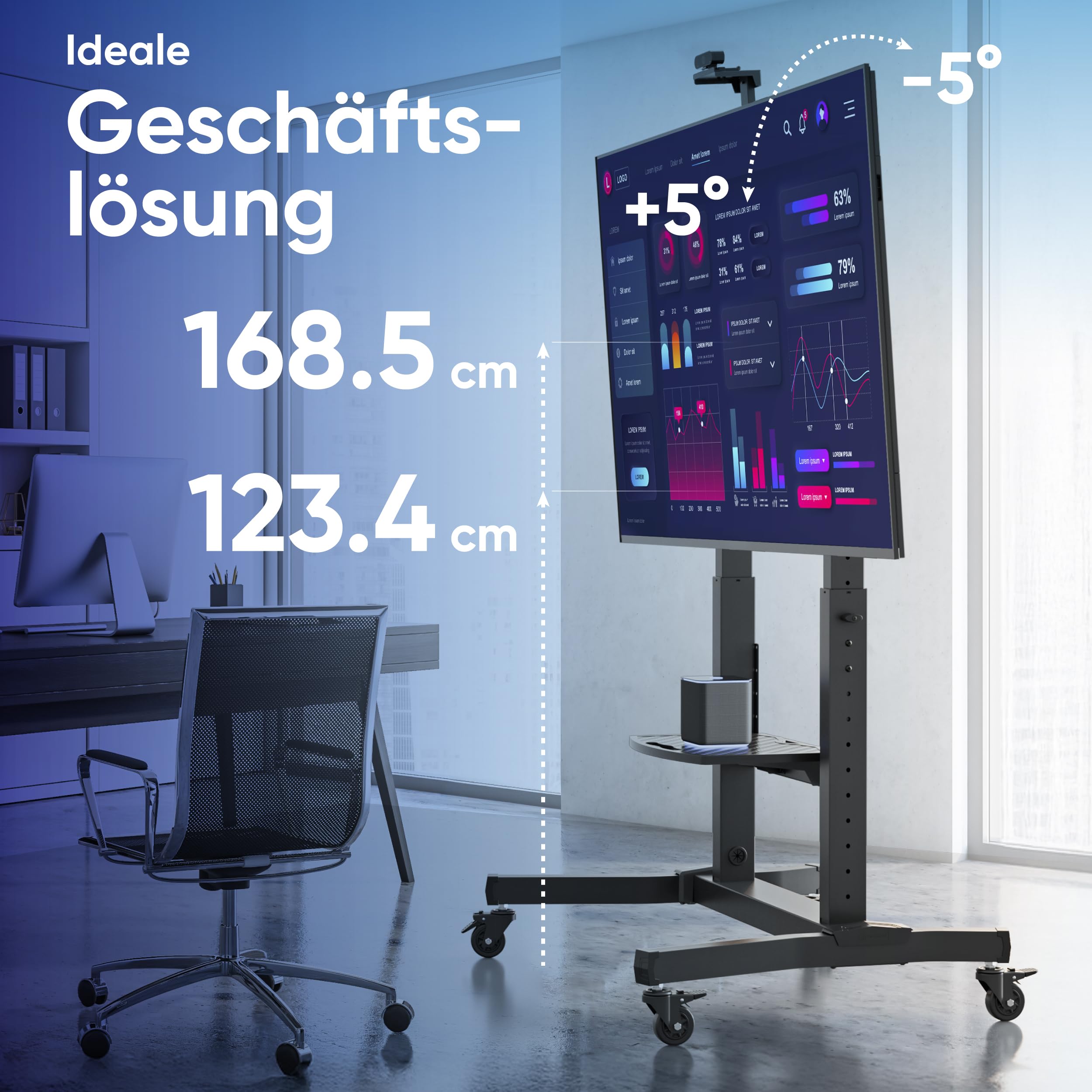 ONKRON TV Ständer rollbar für 50-100 Zoll Fernseher, max Last 130 kg, TV Wagen höhenverstellbar, neigbar, max VESA 1000x600, professioneller Fernsehständer mit Rollen, Ablage Schwarz TS1991-B