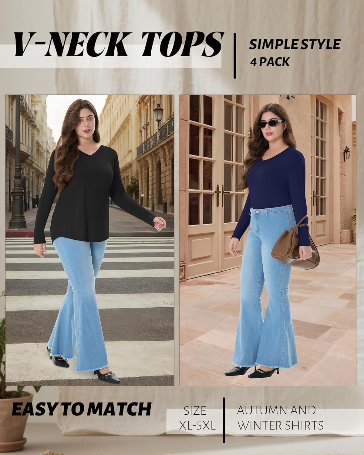 4 Pack Women's Plus Size T Shirts Long Sleeve V Neck Tops Basic Loose Fit Curved Hem Tunic Clothes - Image 3