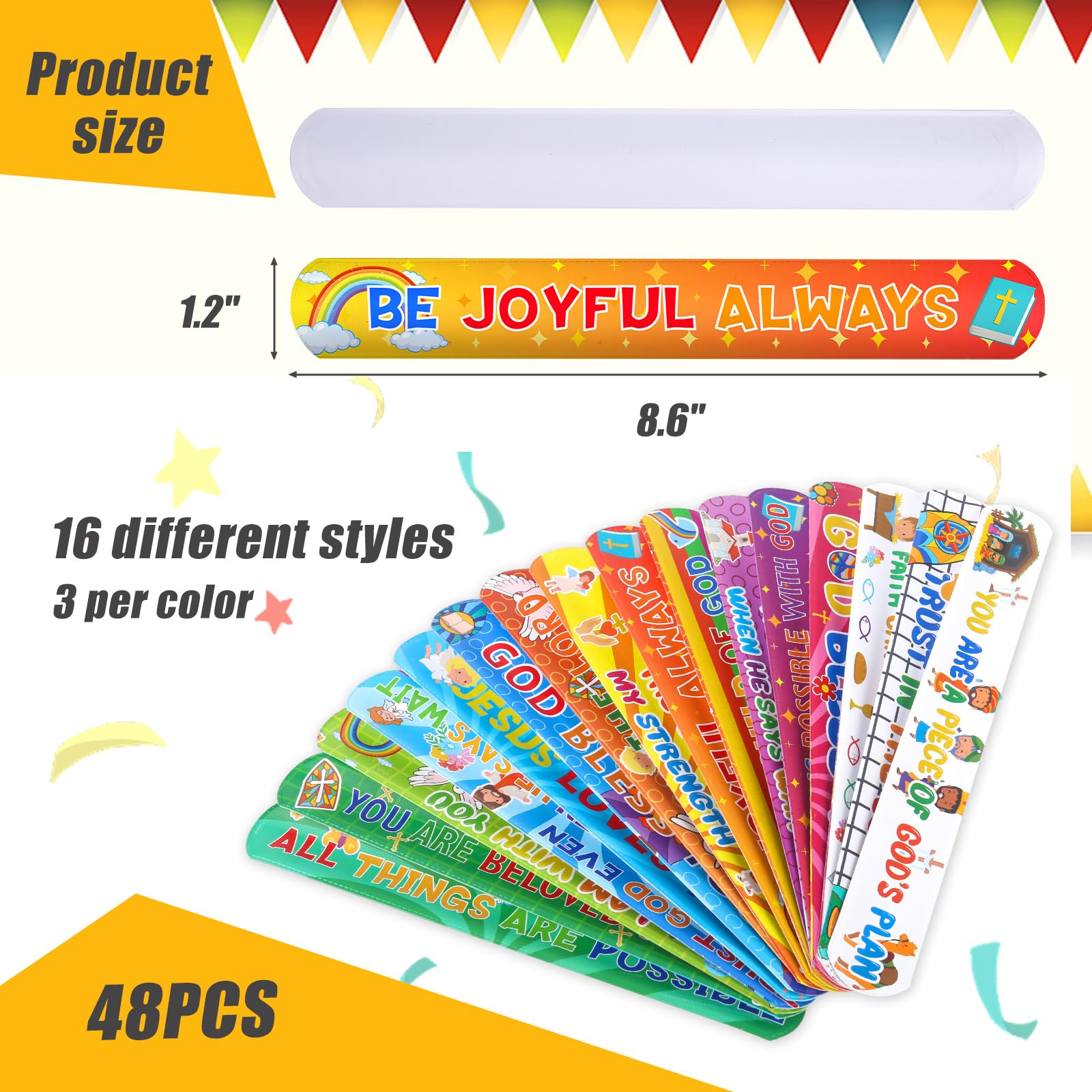 POPLAY 48PCS Christian Slap Bracelets, Snap Wristbands Bible Verses Religious Snap Bracelets for Kids Sunday School Gifts Classroom Prizes