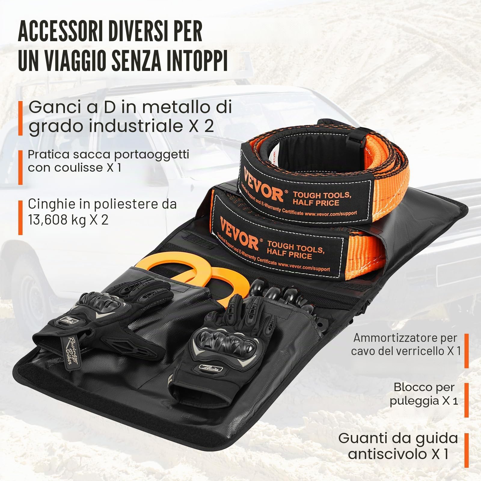 VEVOR Kit di recupero fuoristrada, 3" x 30', cinghie di traino 30.000 libbre, 44.092 libbre, ricevitore grillo, puleggia con blocco di strappo, guanti, borsa di stoccaggio per camion Jeep ATV