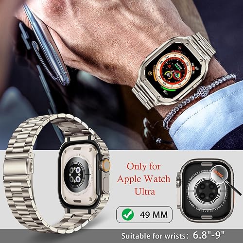 Miniatura 45 de MioHHR Correa y funda de acero inoxidable compatible con Apple Watch Band de 1.772 pulgadas, cubierta protectora de metal para hombres para iWatch
