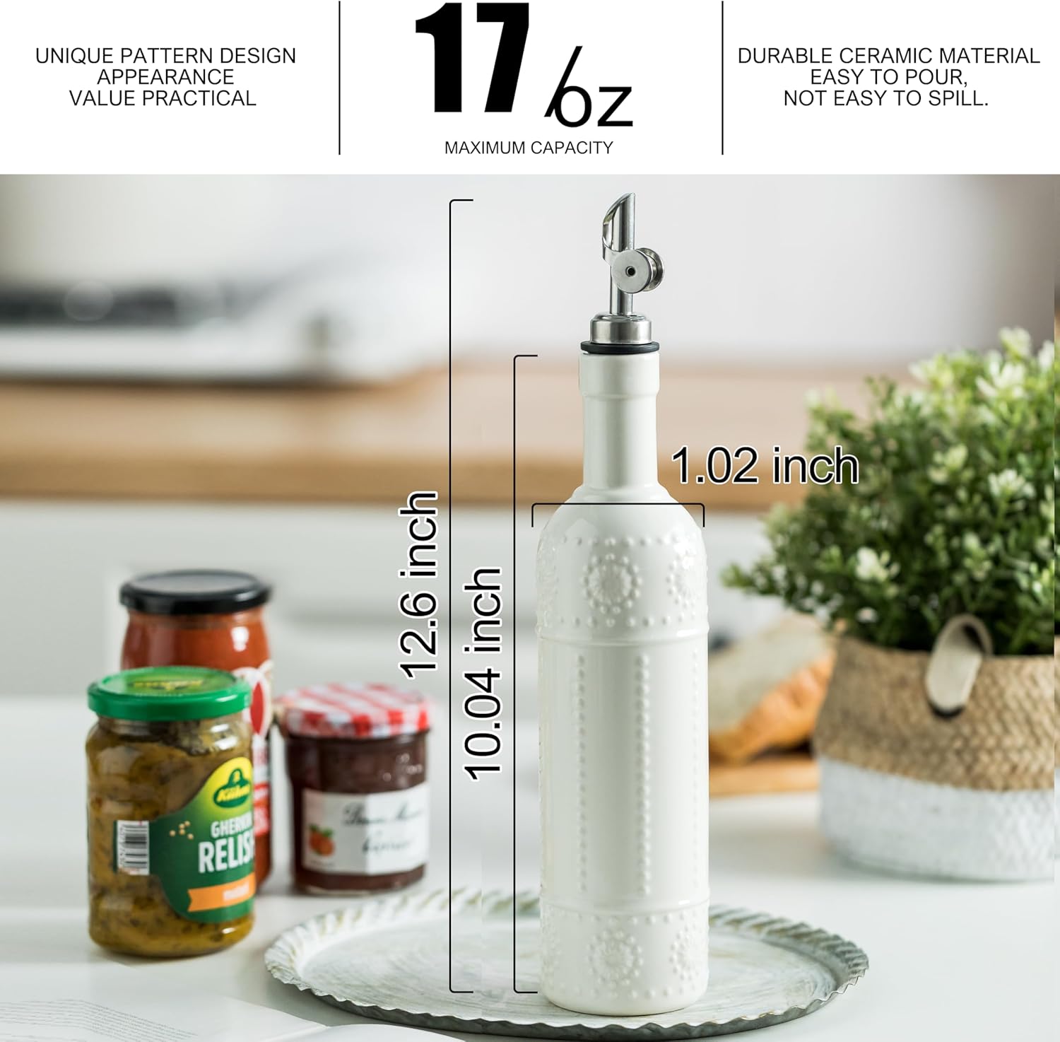LYEOBOH Olive Oil Dispenser Bottle with Spout, Oil Dispenser for Kitchen - 17 OZ Ceramic Oil Dispensing Bottles for Kitchen, Cooking Oil Dispenser, Vinegar Dispenser Bottle Pour, White