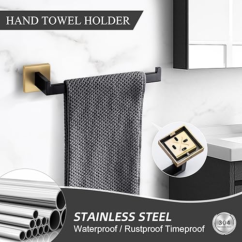 Miniatura 4 de TURS Juego de accesorios de baño de 3 piezas, soporte para toallas de mano negro y dorado, soporte para papel higiénico, gancho para toallas, juego