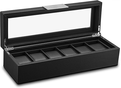 Miniatura 8 de Caja de relojes para hombre - Estuche con 6 compartimentos, fibra de carbono, caja grande, metal, negro