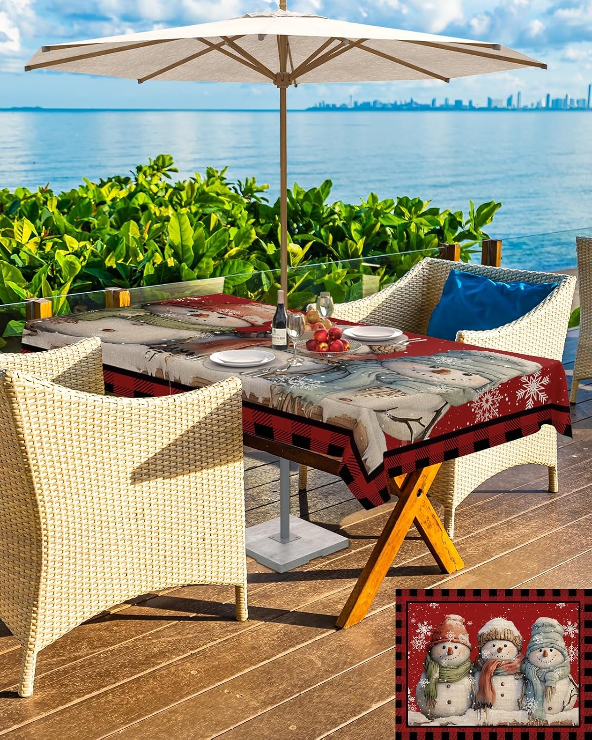 Outdoor Tablecloth with Umbrella Hole & Zipper, Christmas Rectangle Tablecloth 60x84 Inch, Xmas Red Snowman Winter Snowflake Black Plaid Patio Table Cover Waterproof Table Cloth for Picnic