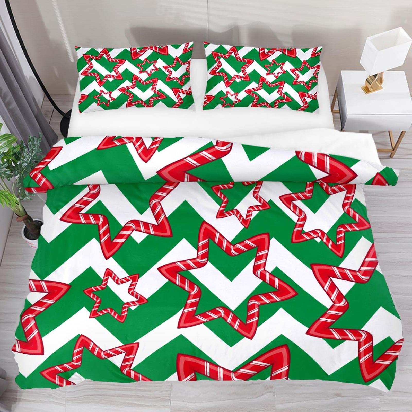 Candy Christmas Star Green Whute zygzakag 3 szt. zestawy poszewek na kołdrę, oddychający zestaw pościeli Tencel z 2 poszewkami na poduszki, niegniotące się zestawy pościeli dla dzieci nastolatki