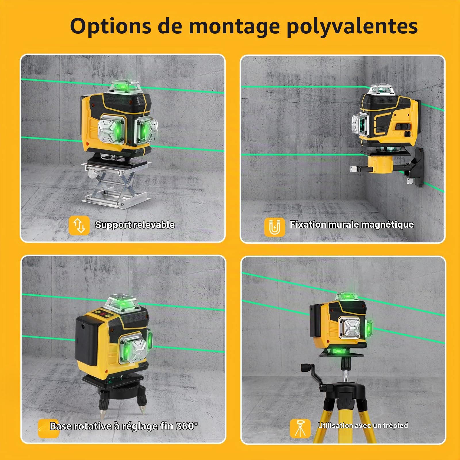Niveau laser 4D 16 lignes,3° nivellement automatique, batterie au lithium rechargeable, outil de nivellement avec 3 rallonges en alliage réglables en hauteur, trépied