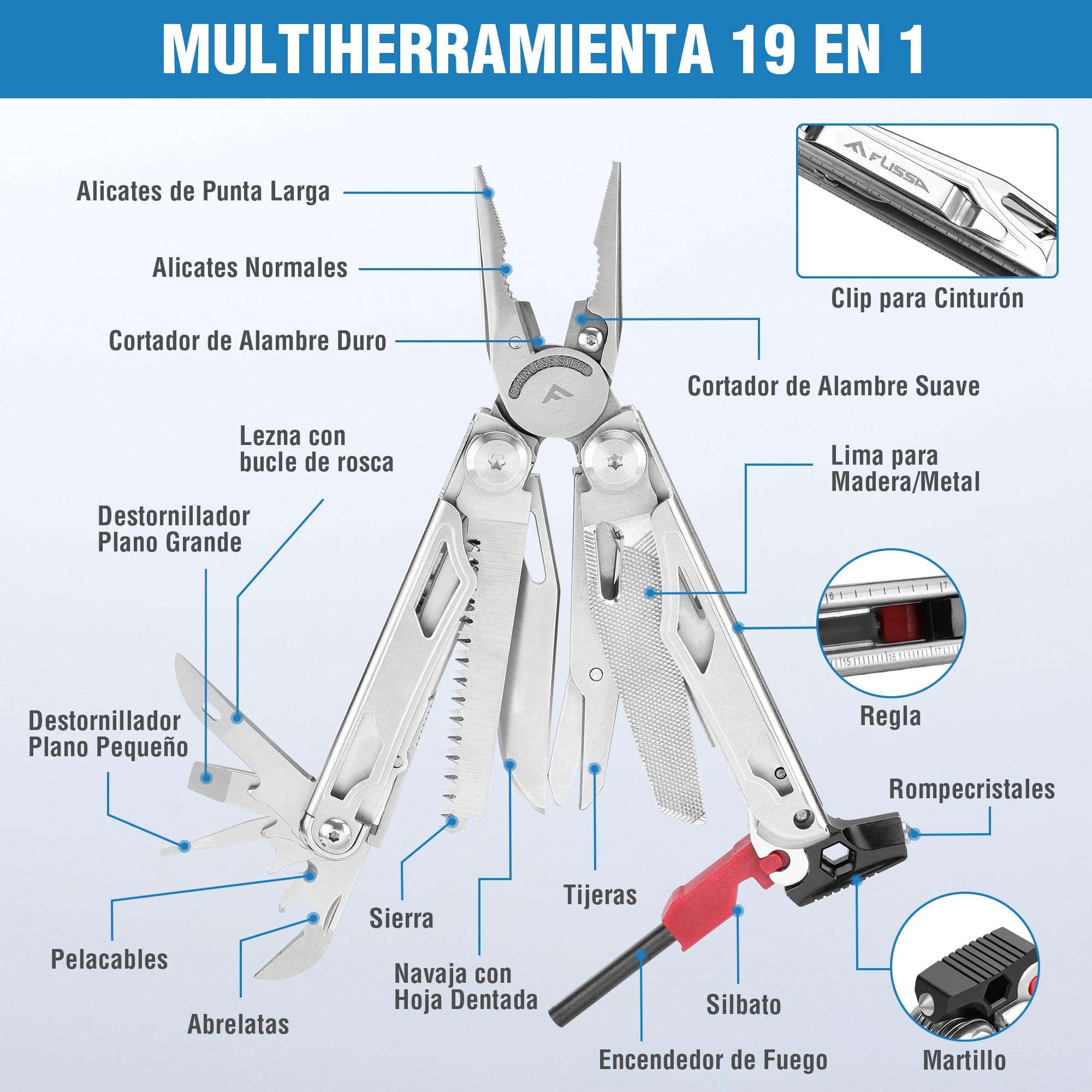 FLISSA Alicates Multiusos, 19 en 1 Navaja Multiusos, Multiherramienta de Alicates, Herramienta Multiusos, Accesorios para Camping, Reparación, Senderismo, Incluye Bolsa Portátil