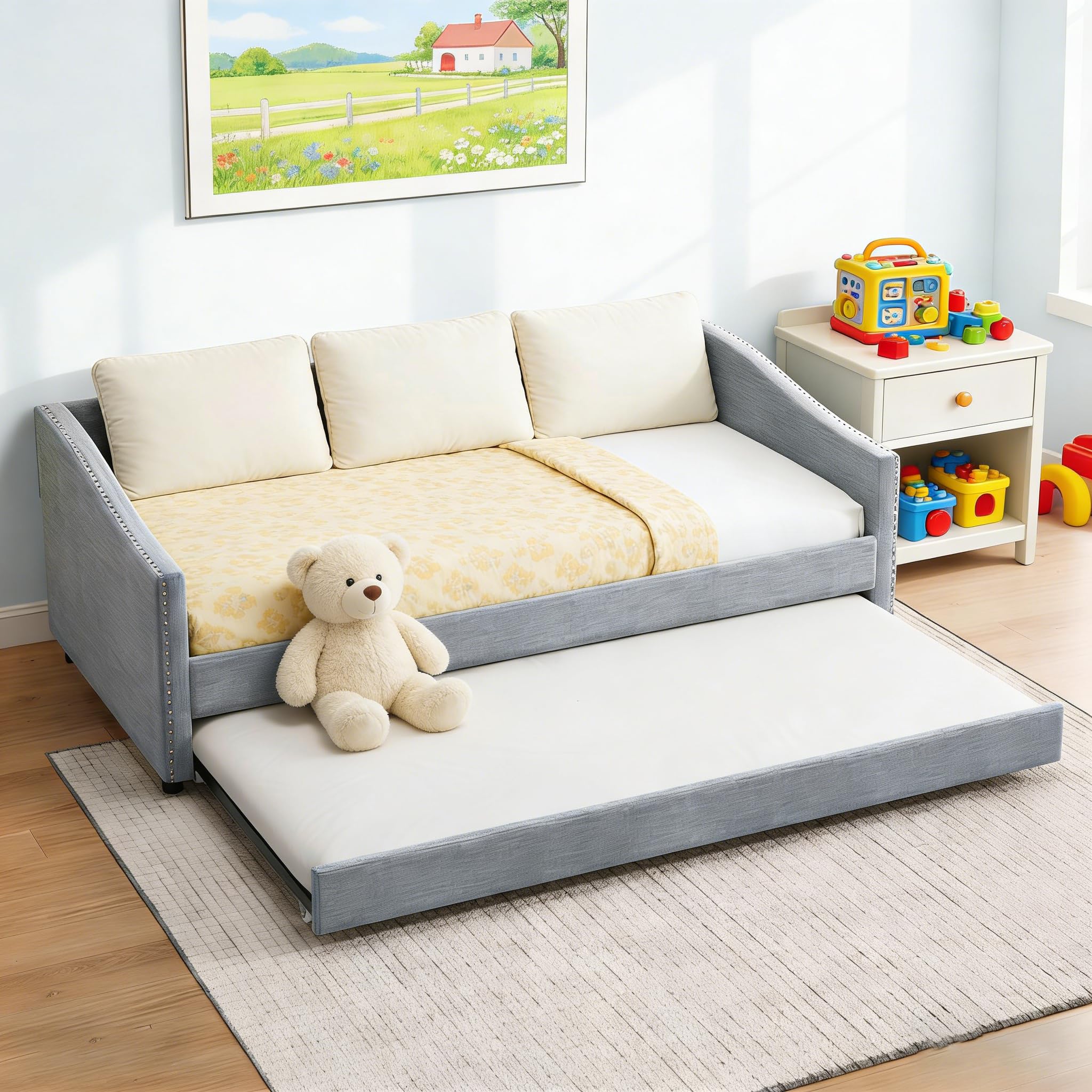 Photo 1 of FAVSH Upholstered Daybed with Trundle, Twin Size Day Bed w/Button-Tufted Back and Piping on Waved-Shape Arms for Bedroom or Guest Room, No Box Spring Required, Light Gray