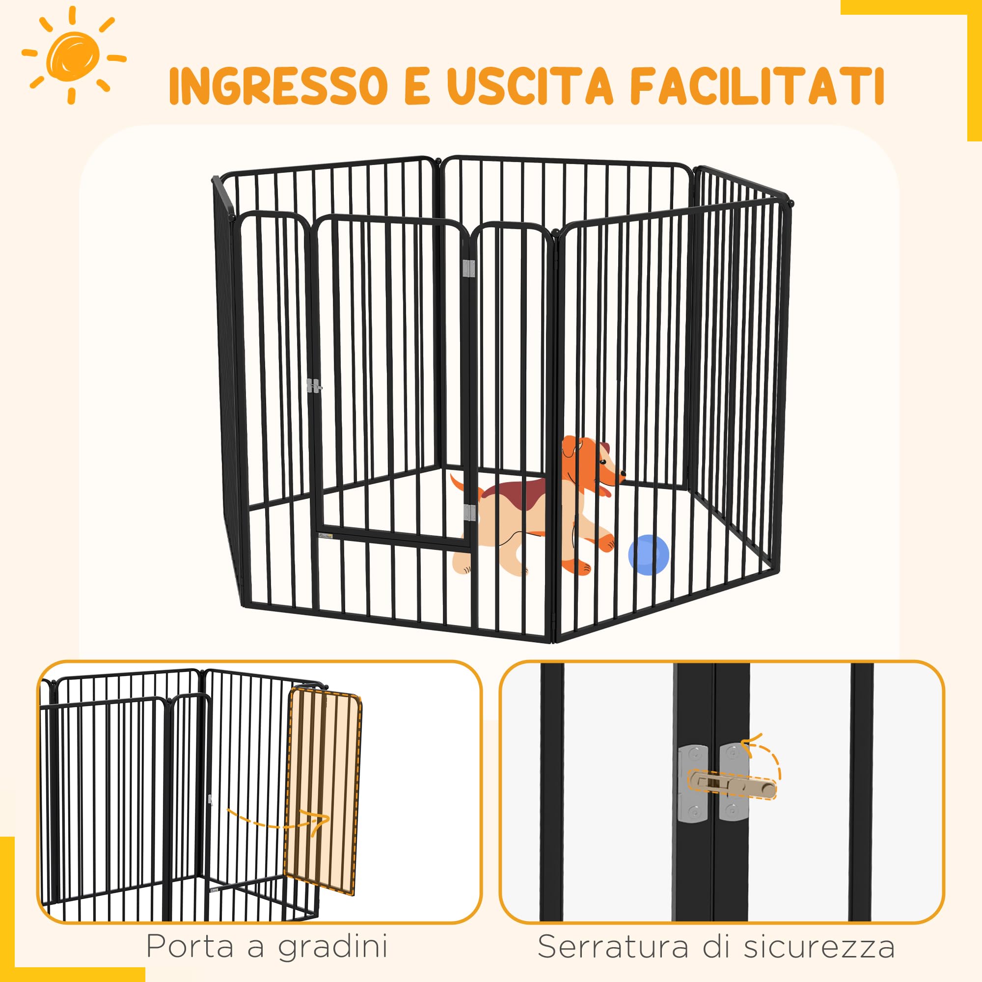 PawHut 6-teiliger modularer Stahl-Hundekäfig 164x83x100 cm Schwarz | Kleine, mittlere & große Größe, Innen- & Außenbereich, Hundegitter, 7 Erdspieße