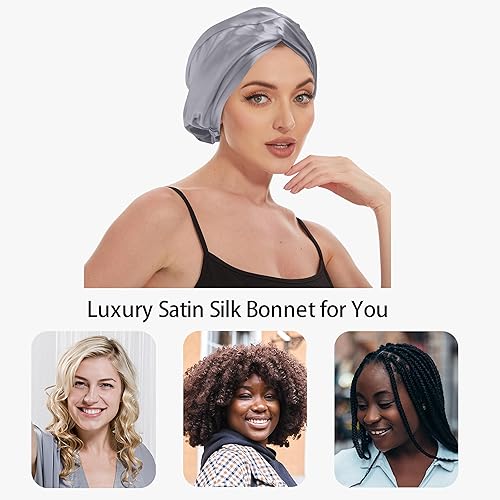 Miniatura 3 de Gorro de satén de seda ajustable para envolver el cabello para dormir, gorro de dormir de doble capa, turbante nocturno para cabello largo y rizado,