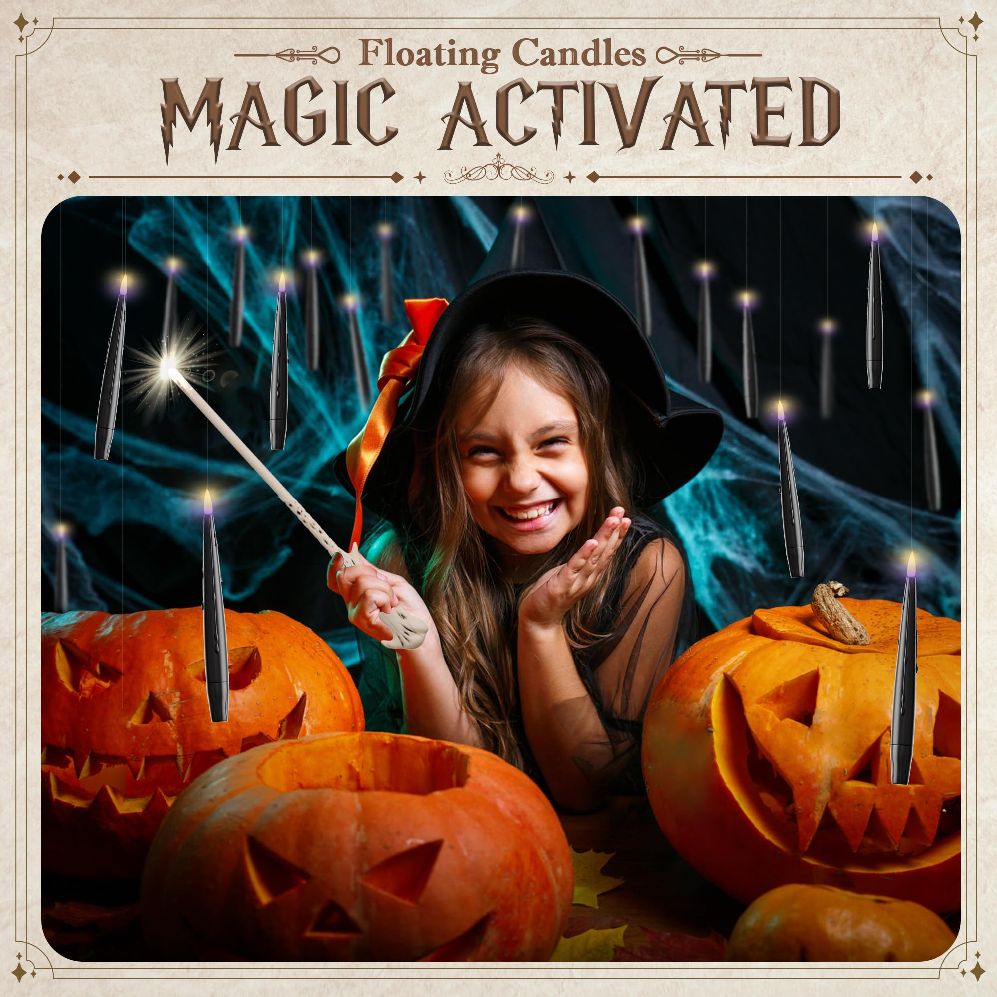 JOIONE Velas flotantes con varita, paquete de 20 velas sin llama de Halloween, velas colgantes mágicas con 2 mandos a distancia, velas cónicas que funcionan con pilas para Halloween, fiesta de