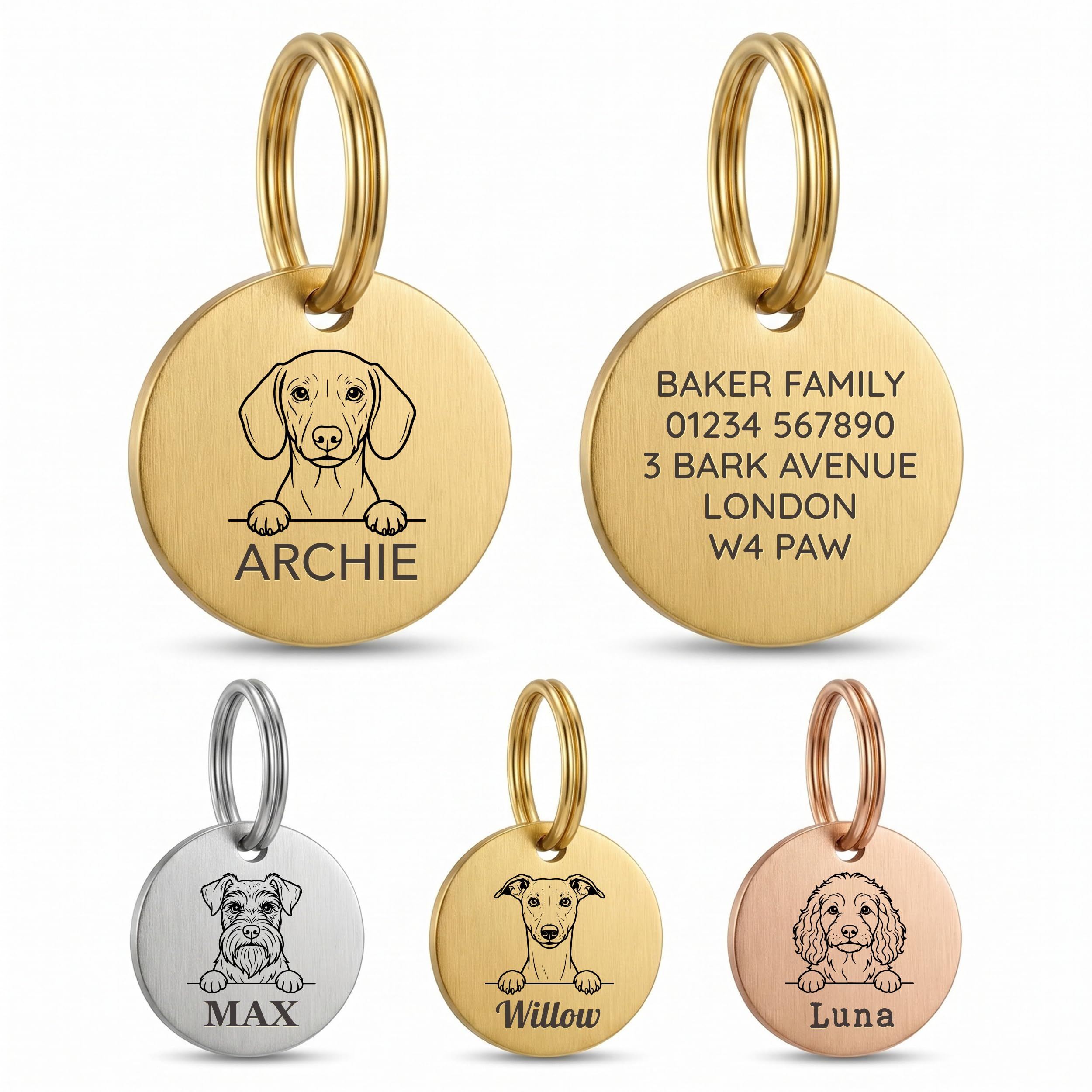 The Stately Hound Dog Name Tags Engraved UK, Gold Round, Medium