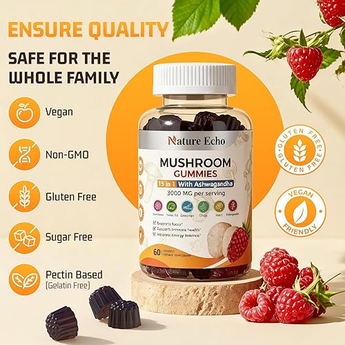 Miniatura 4 de Gomitas complejas de hongos 15 en 1 y gomitas Ashwagandha de 3000 mg - Melena de león, reishi, cola de pavo y más  Suplemento de hongos para función