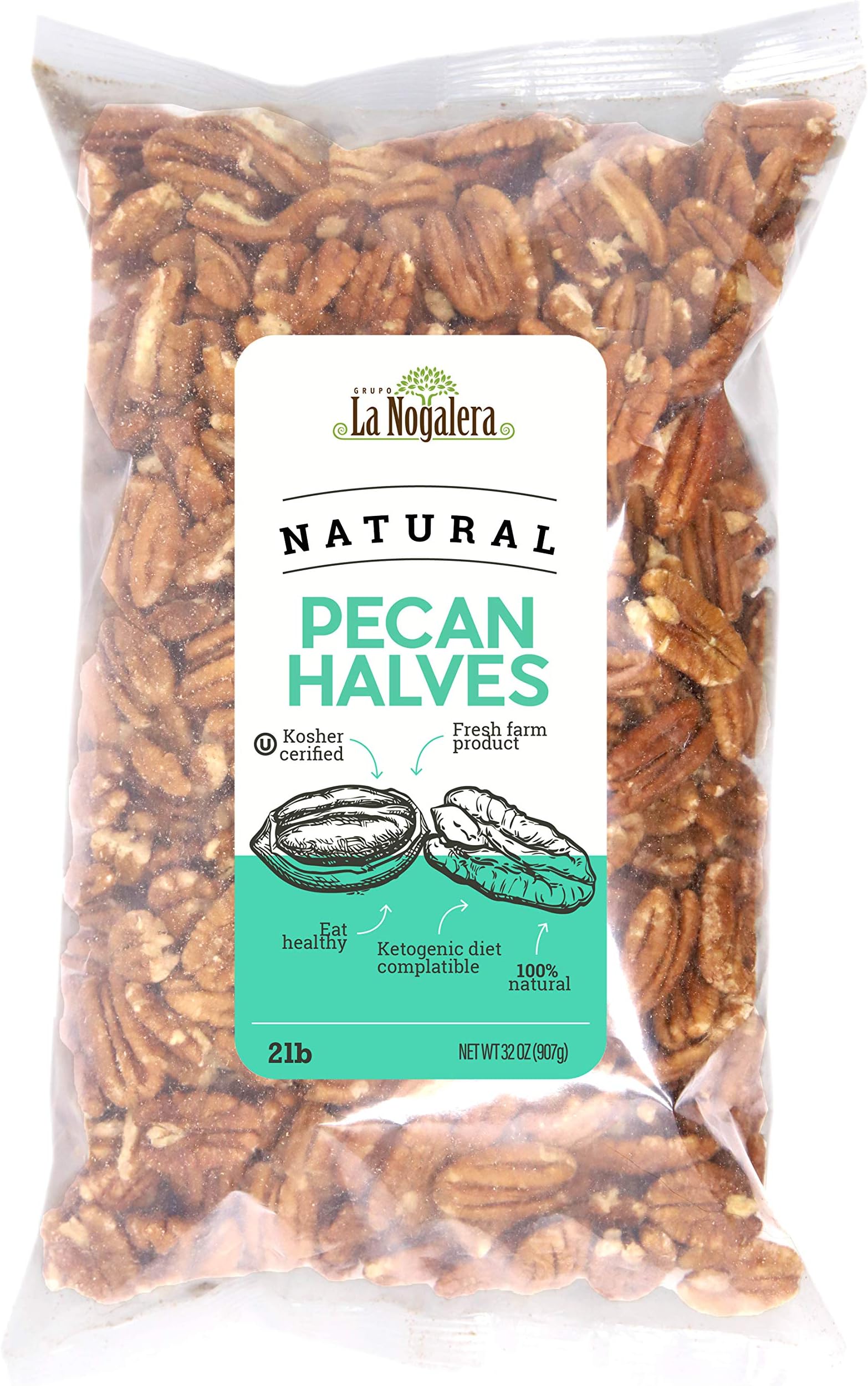 La Nogalera - 2 lbs Natural shelled pecan halves. Raw pecan nuts that compare to organic, NO SHELL, Non-GMO, Kosher and Halal Certified and Ketogenic friendly