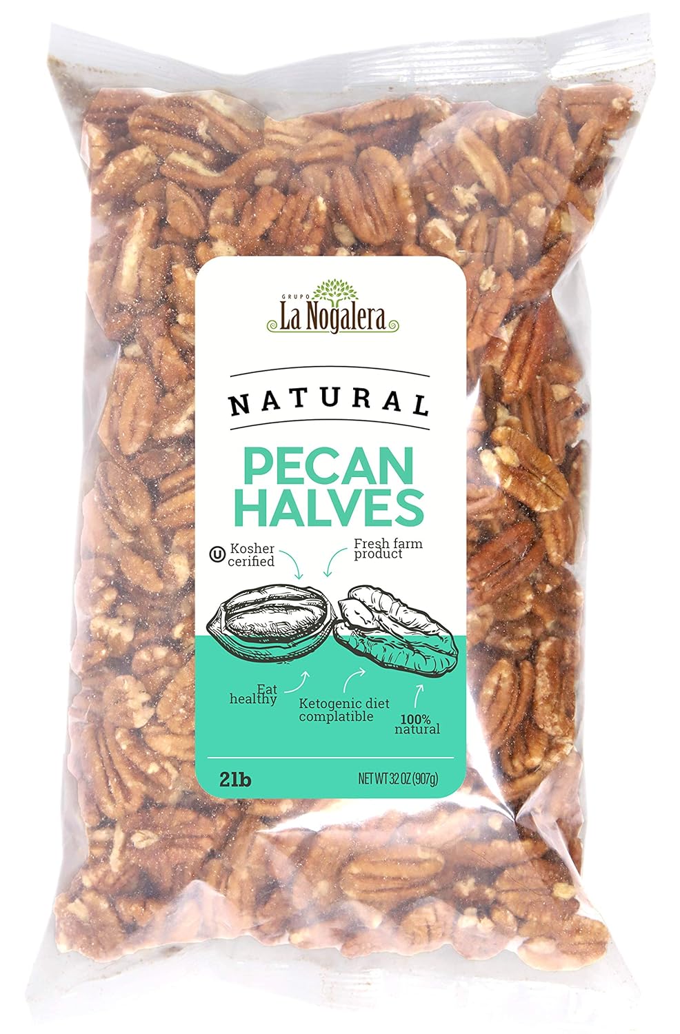 La Nogalera 2lbs Natural Raw Shelled Pecan Halves - Non-GMO, Kosher Halal Certified, Keto Friendly, No Shell Premium Nuts