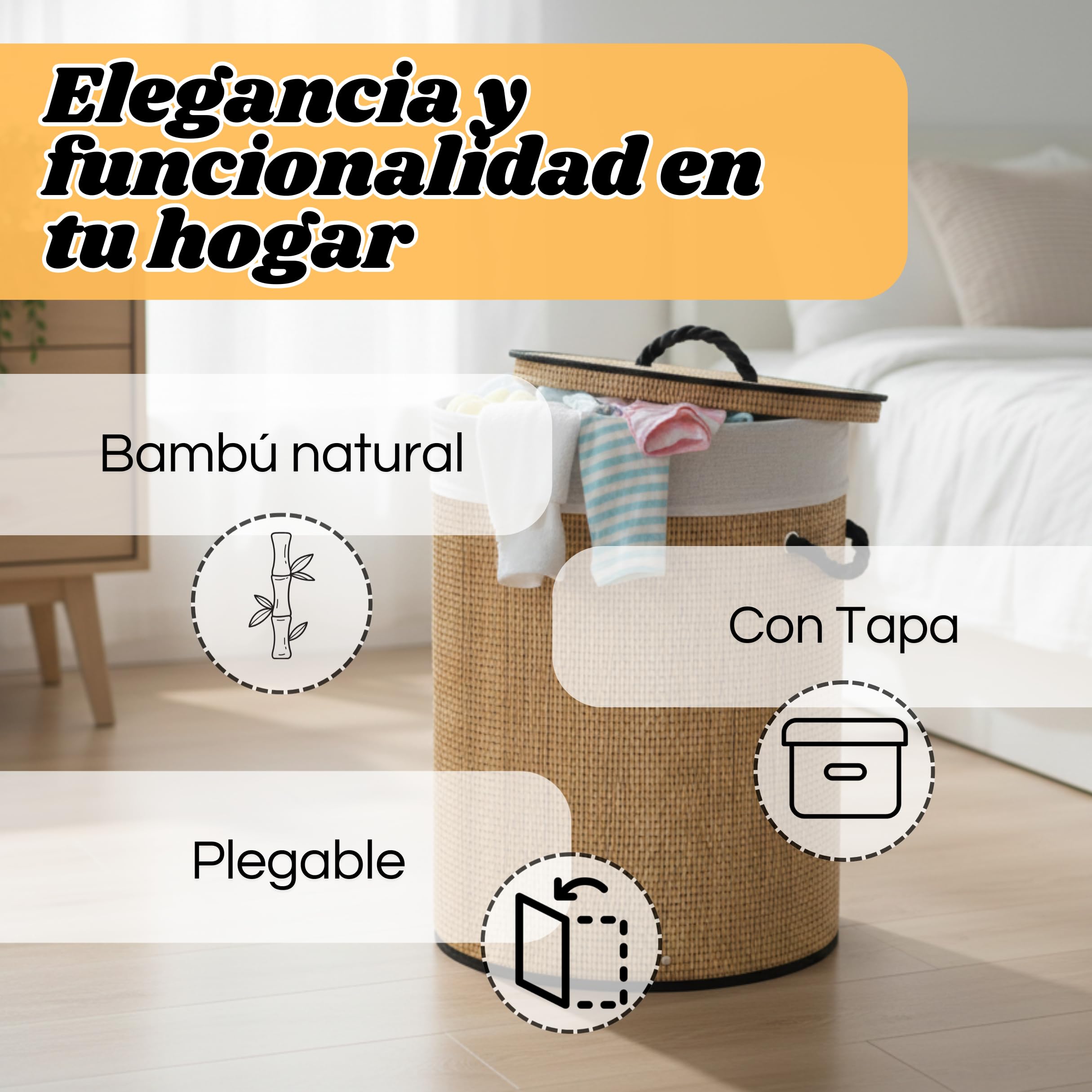 Weida Cesto de la Ropa Sucia de Bambú | Redonda con Tapa y Asas Plegable | Bolsa Extraíble y Lavable | Fácil Transporte | Diseño Natural | Para baño o Dormitorio | Color Marrón Bambú (60cm-35cm) — view 2