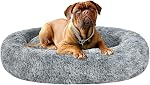 Coohom Oval Calming Donut Cuddler Dog Bed,Shag Faux Fur Cat Bed Washable Round Pillow Pet Bed(30"/36"/43") for Medium Dogs (XL(36"x27"x7"),Light Brown)
