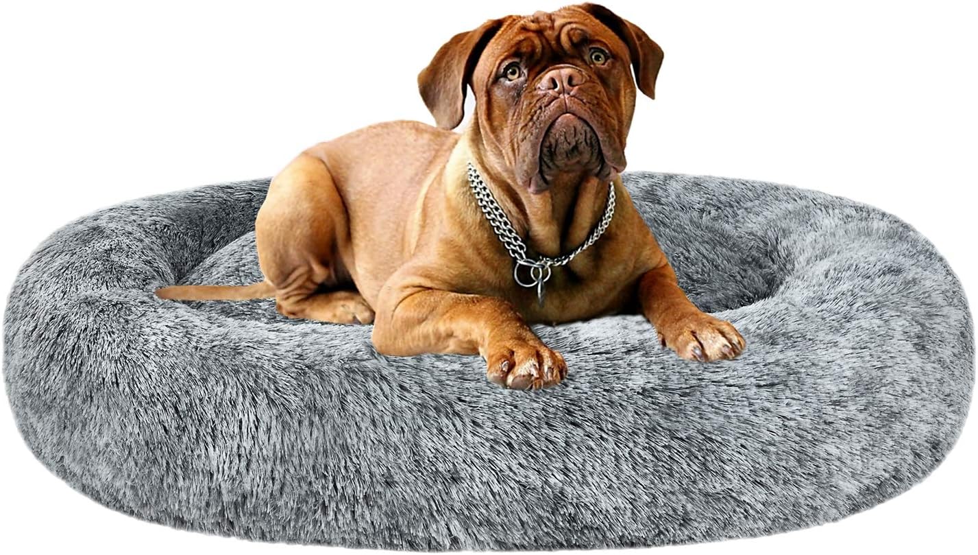 Coohom Oval Calming Donut Cuddler Dog Bed,Shag Faux Fur Cat Bed Washable Round Pillow Pet Bed(30"/36"/43") for Small Medium Dogs (L(30"x24"x7"), Grey)