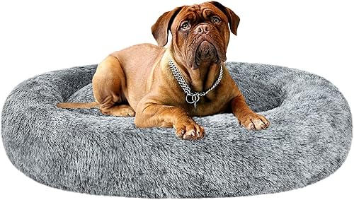 Coohom - Cama ovalada afelpada de piel sintética tipo dona pcalmar perros y gatos, lavable, con almohada pmascotas (303643 pulgadas) pperros