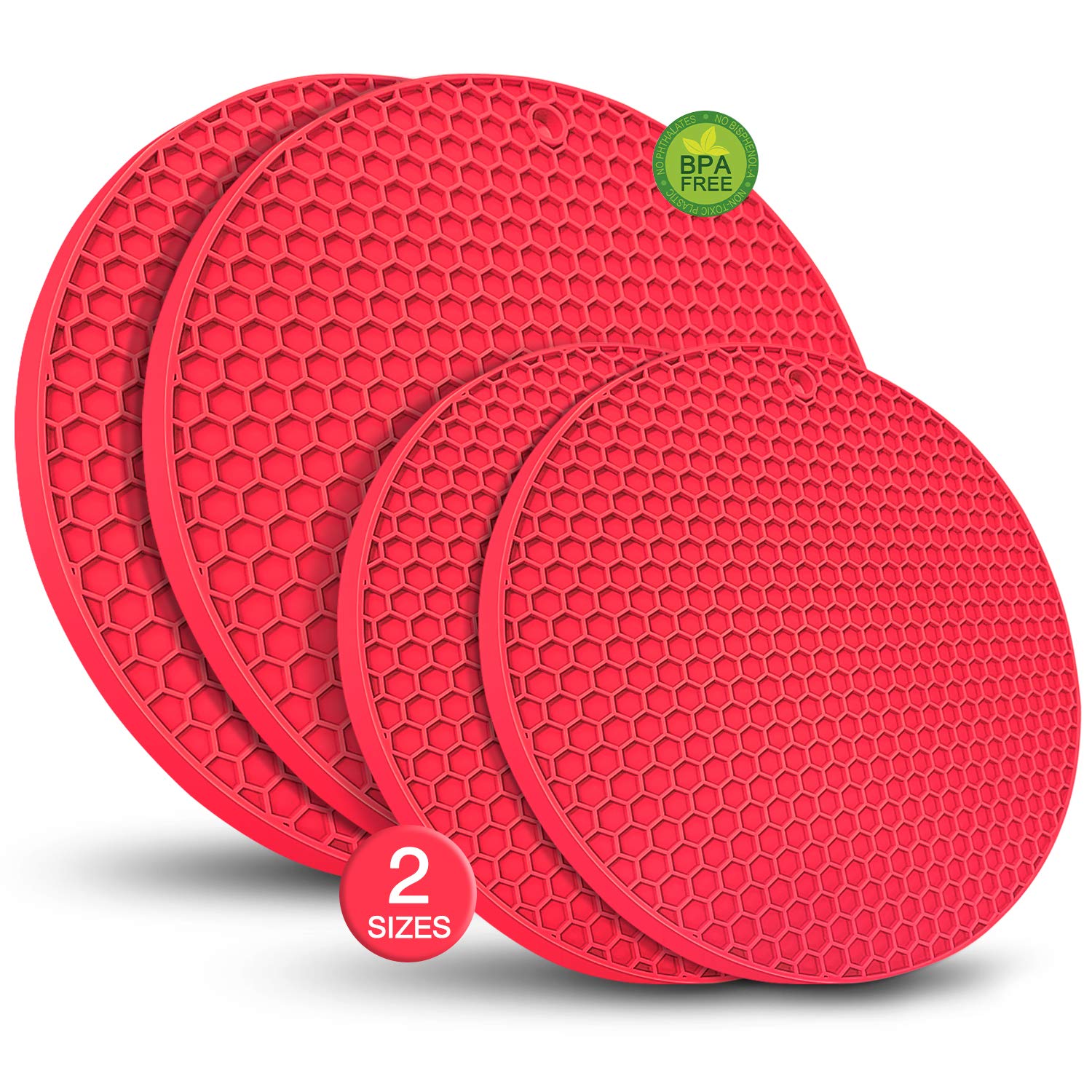 Silicone Trivet Mats - Walfos Heat Resistant Pot Holders Set, 4pcs 2 Sizes 7 Inch & 9 Inch, Multipurpose Non-Slip Hot Pads for Hot Pot, Hot Dishers, Jar Opener, Food Grade & BPA Free (Red)