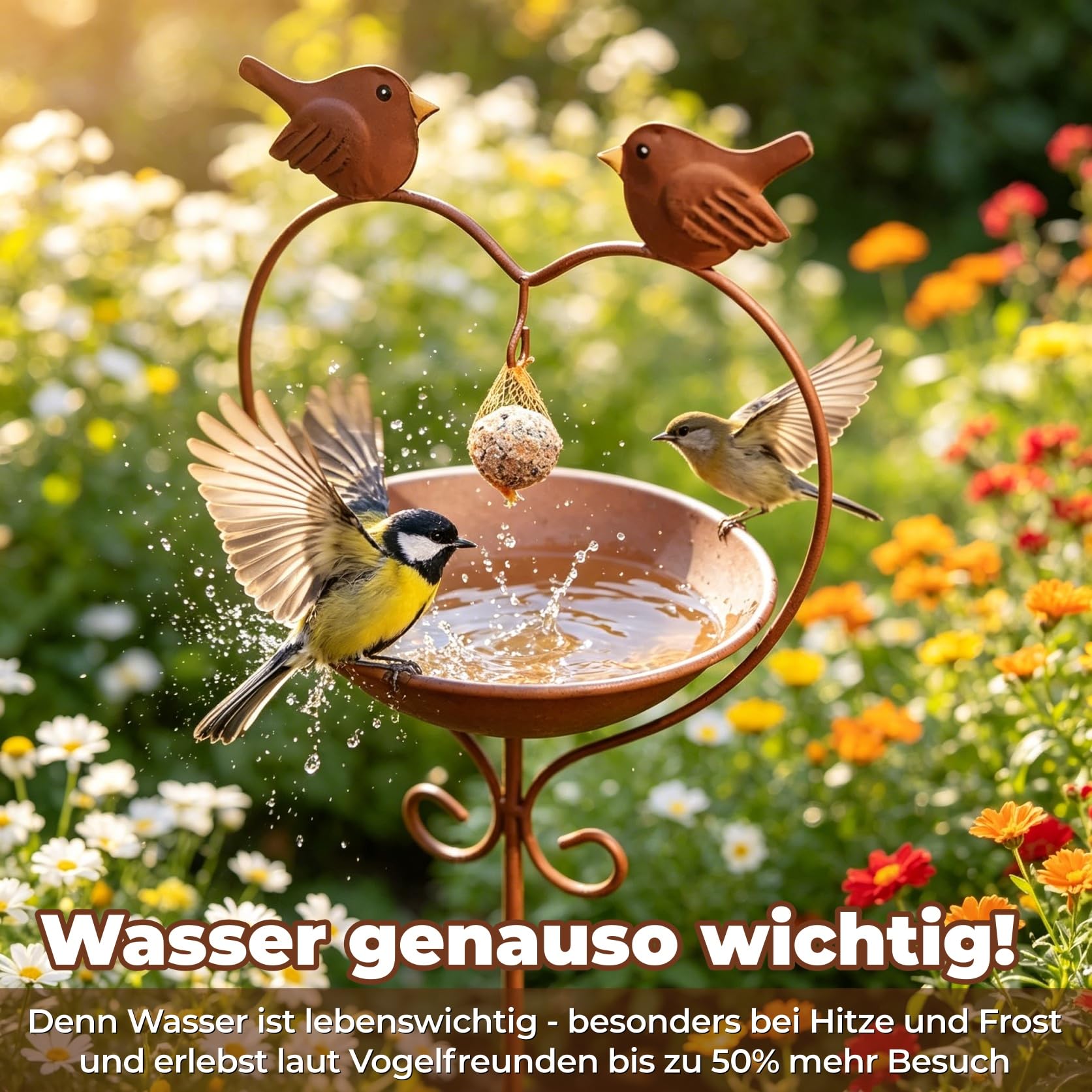 Vogeltränke Stehend Winterfest Metall, Vogelbad für Wildvögel | H 115 cm Ø15cm Vogel Futterstation mit Meisenknödelhalter Rostoptik Regenfänger Gartendeko