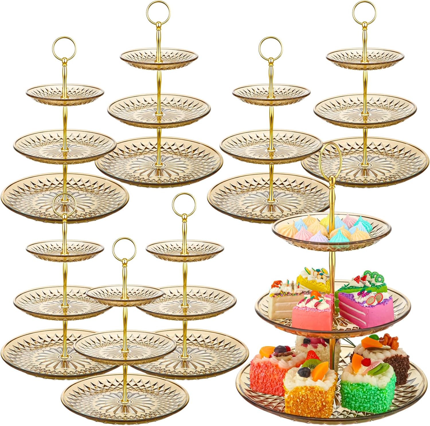 Patelai 8 Packs 3 Tier Crystal Acrylic Clear Cake Stand with Gold Round Holder Acrylic Cupcake Stand Holder for Home Wedding Holiday Birthday Baby Shower Tea Party (Clear Amber)