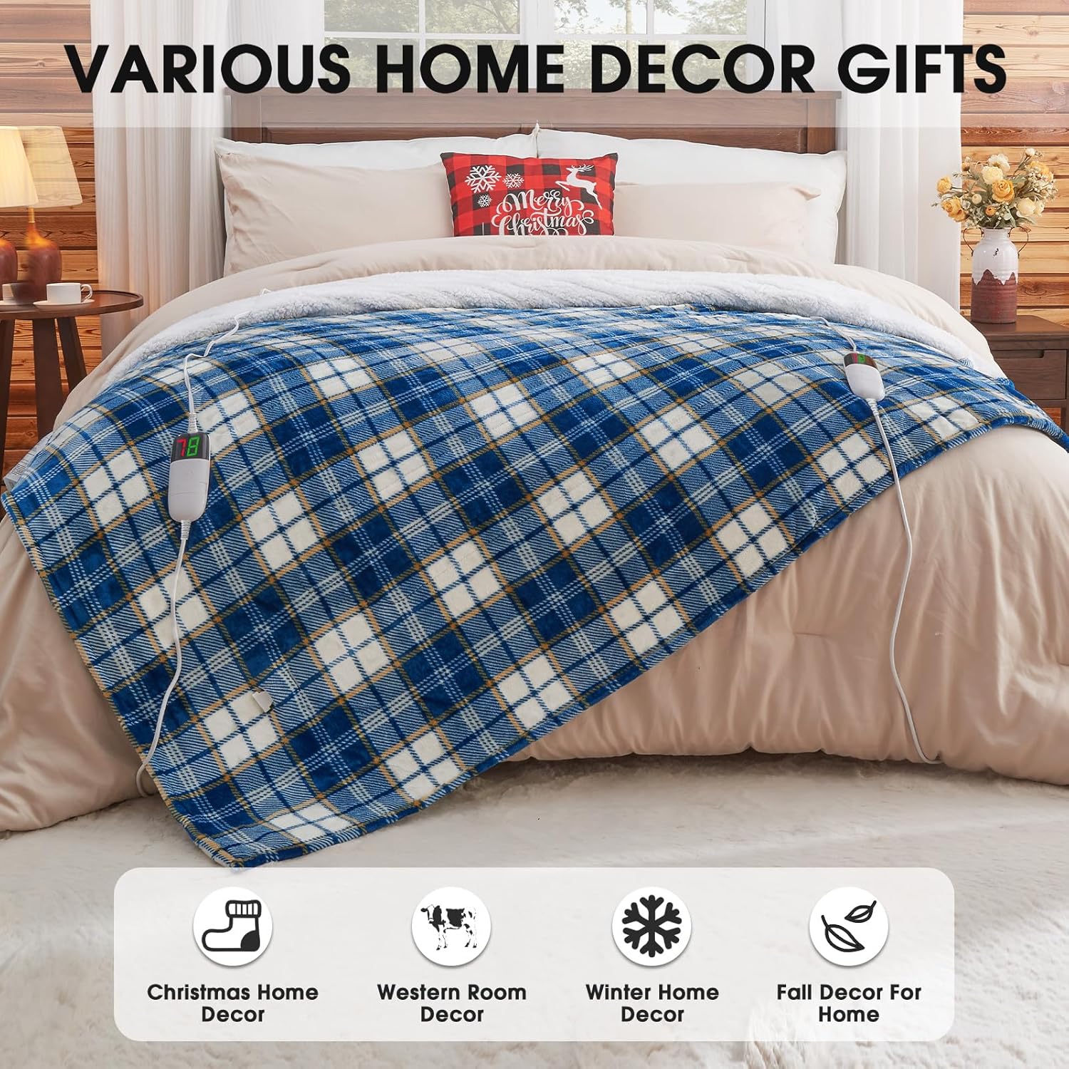 Heated Electric Blanket Queen Size, 84X90 Heating Blanket Queen with Dual Control&10 Heats Levels&Timer for Bed,Blue Plaid Sherpa Soft Blankets Warmer Gift for Grandma Women Adults, Washable - Image 7