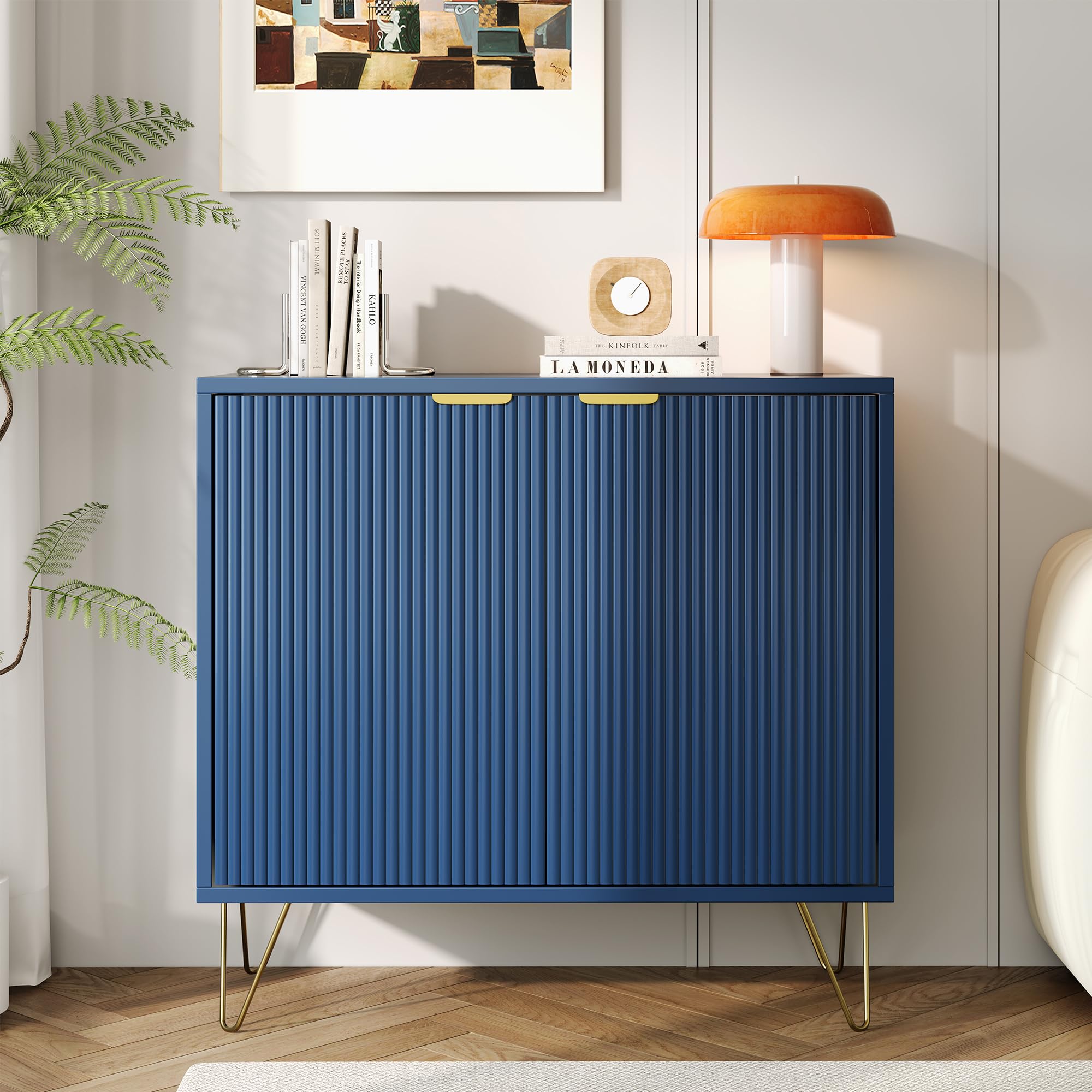 Mobile a due ante con ripiano e comodino in legno, piccola credenza con 2 scomparti portaoggetti, buffet basso, basso da cucina, blu (blu)