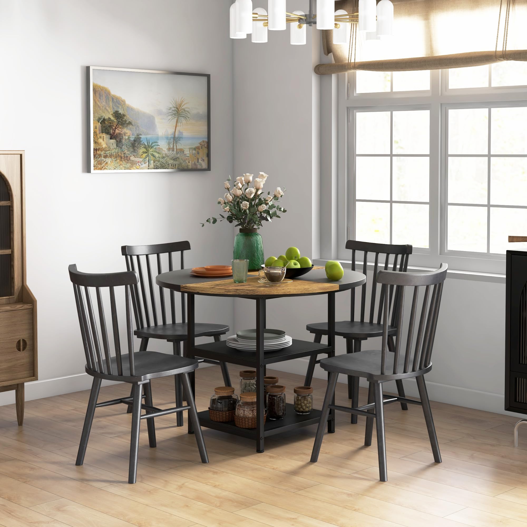 HOMCOM Tavolo Stile Industriale per 4-6 Persone Ø100x76 cm Nero e Marrone | 2 Ripiani Integrati, Tavolo Rotondo da Pranzo Multiuso, Acciaio e MDF